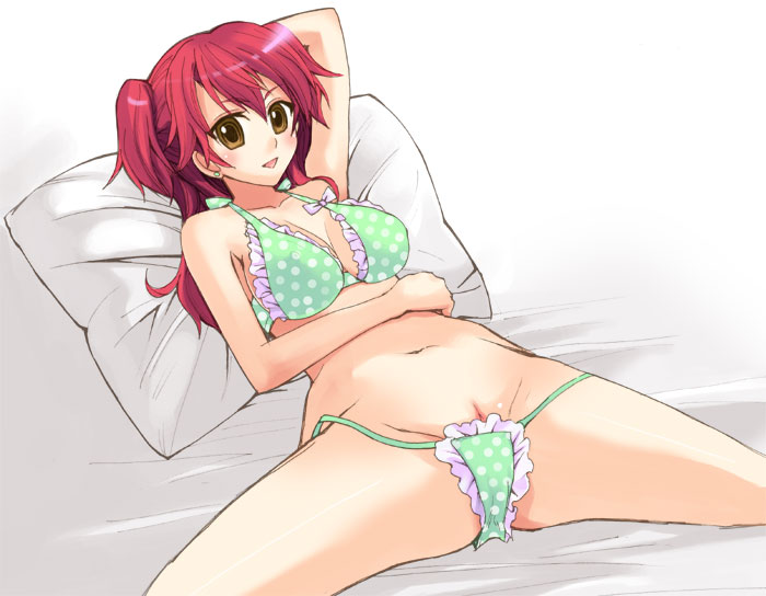 otabe sakura, nena trinity, gundam, gundam 00, 00s, 1girl, bed, blush, bra, female focus, lingerie, panties, pussy, red hair, solo, spread legs, two side up, uncensored, underwear, underwear only, view between legs, yellow eyes