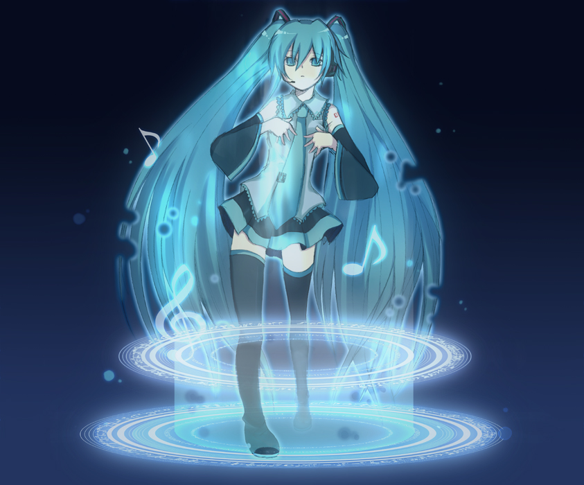 harano, hatsune miku, vocaloid, bad id, bad pixiv id, 1girl, aqua hair, female focus, headset, long hair, musical note, solo, thighhighs, treble clef, twintails, very long hair
