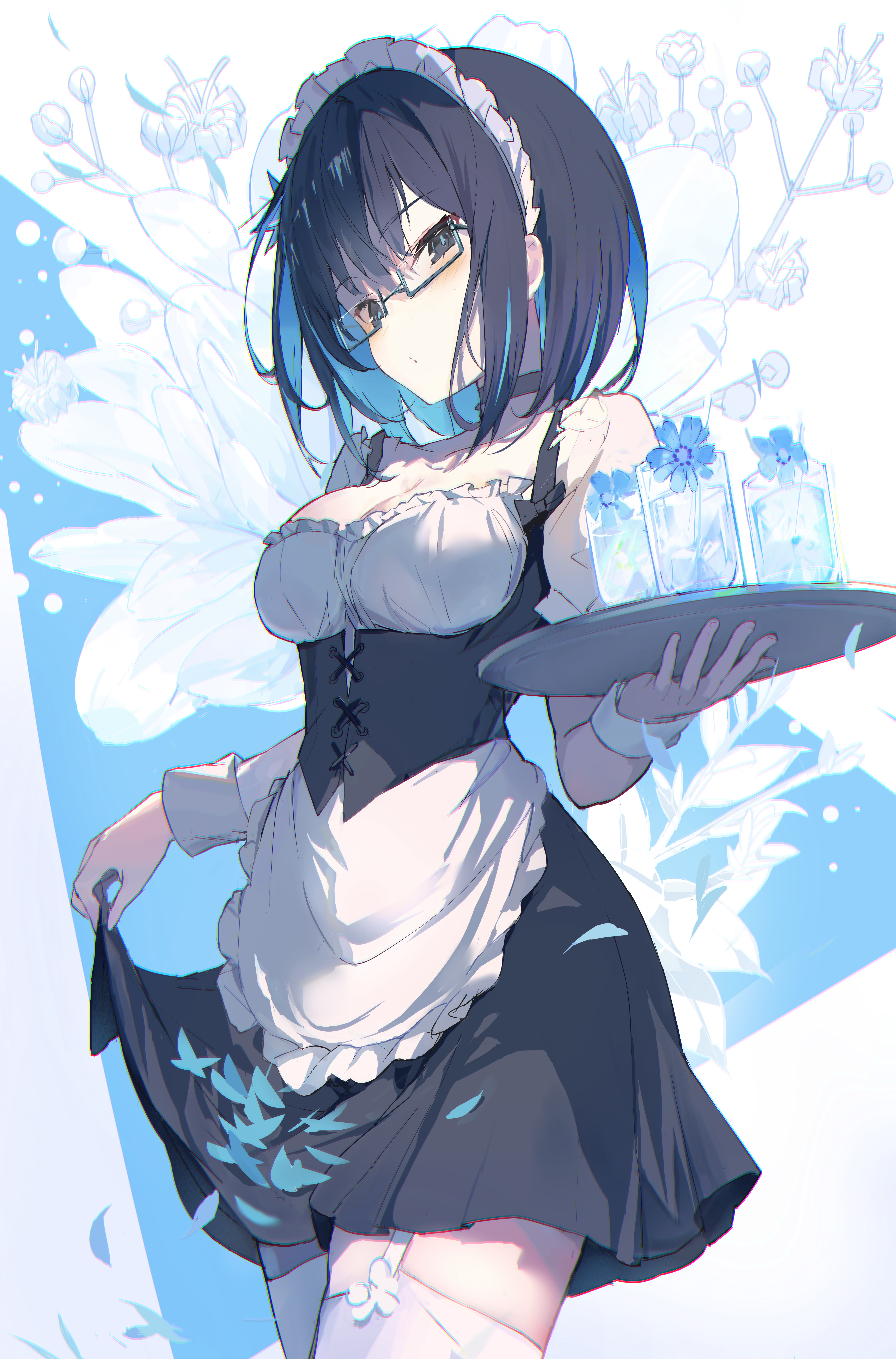 tatsukisan, original, absurdres, commentary request, highres, 1girl, apron, black dress, black hair, blue background, blue hair, bob cut, breasts, cleavage, clothes lift, colored inner hair, corset, cowboy shot, dress, flower, glasses, holding, holding tray, lifting own clothes, maid apron, maid headdress, multicolored hair, semi-rimless eyewear, sideways glance, skirt, skirt hold, solo, standing, thighhighs, tray, triangle background, two-tone hair, white background, white flower, zettai ryouiki