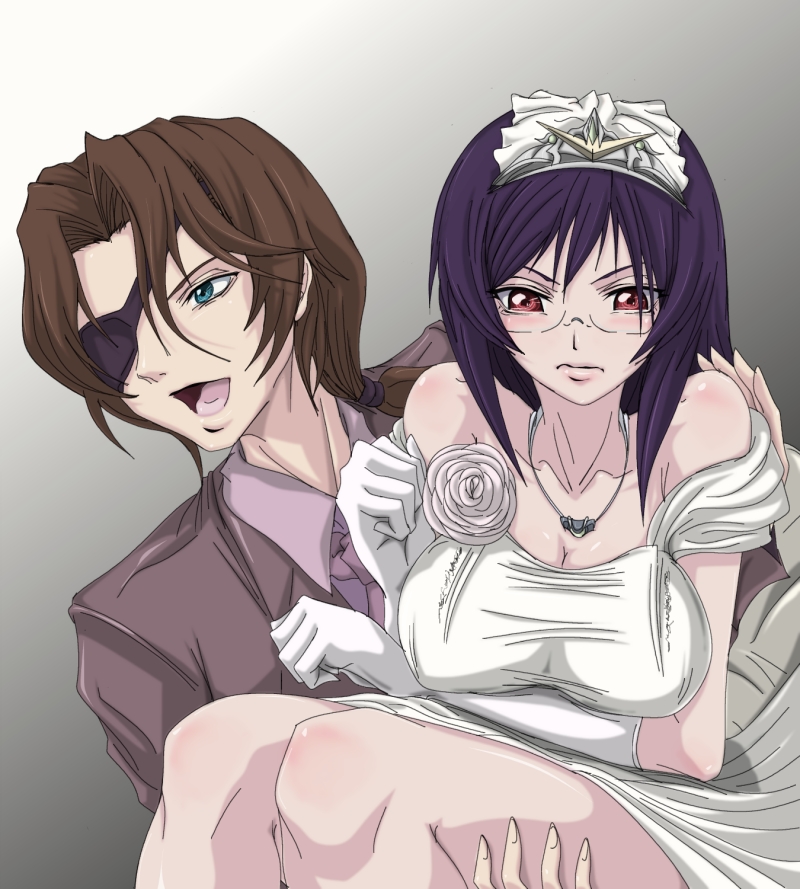 madhatter hello, lockon stratos, tieria erde, gundam, gundam 00, 00s, 1boy, 1girl, breasts, eyepatch, genderswap, genderswap (mtf), glasses, large breasts