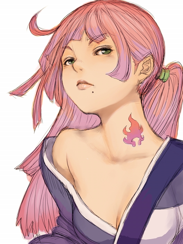 fumio (rsqkr), eyebrows, 1girl, ahoge, bare shoulders, blunt bangs, breasts, brown eyes, cleavage, female focus, flame print, green eyes, hair tie, half-closed eyes, hime cut, japanese clothes, kimono, lips, long hair, long sleeves, looking at viewer, mole, mole under mouth, neck tattoo, off shoulder, pink hair, simple background, sketch, small breasts, solo, tattoo, upper body, white background