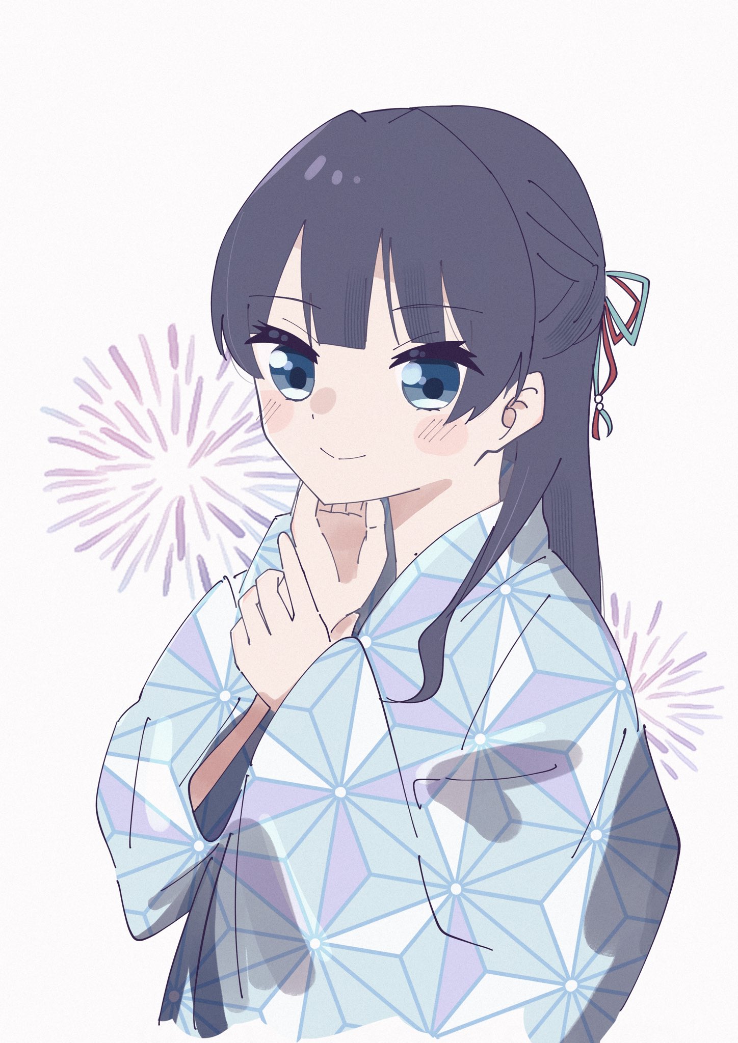 magu (cv mgmgcup), murano sayaka, murano sayaka (hokkoku hanabi), link! like! love live!, love live!, commentary, highres, symbol-only commentary, 1girl, asa no ha (pattern), black hair, blue eyes, blue kimono, blue ribbon, blush, closed mouth, firework background, hair ribbon, half updo, japanese clothes, kimono, long sleeves, looking at viewer, official alternate costume, red ribbon, ribbon, smile, solo, split mouth, upper body, virtual youtuber, white background, wide sleeves, yukata