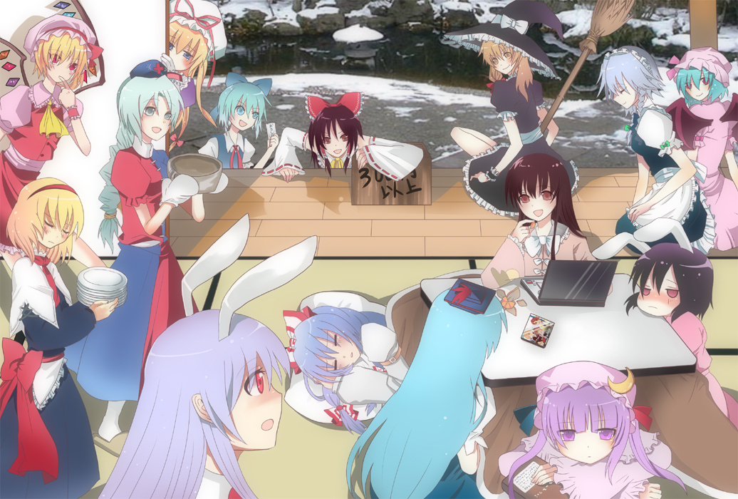 harano, alice margatroid, cirno, flandre scarlet, fujiwara no mokou, hakurei reimu, houraisan kaguya, inaba tewi, izayoi sakuya, kamishirasawa keine, kirisame marisa, patchouli knowledge, reisen udongein inaba, remilia scarlet, yagokoro eirin, yakumo yukari, touhou, bad id, bad pixiv id, 6+girls, animal ears, apron, ascot, bat wings, black hair, blonde hair, blue bow, blue eyes, blue hair, blush, book, bow, braid, brown hair, closed eyes, collared shirt, computer, crescent, detached sleeves, dress, everyone, female focus, finger to mouth, frilled shirt collar, frills, from behind, from side, hair bow, hair tubes, hat, holding, holding plate, kotatsu, laptop, long hair, maid, maid headdress, mob cap, multiple girls, nose blush, nurse cap, open mouth, plate, puffy short sleeves, puffy sleeves, purple eyes, purple hair, rabbit ears, red bow, red eyes, red skirt, red vest, ribbon, ribbon-trimmed sleeves, ribbon trim, shirt, short sleeves, skirt, skirt set, table, tatami, vest, wings, witch hat, yellow ascot