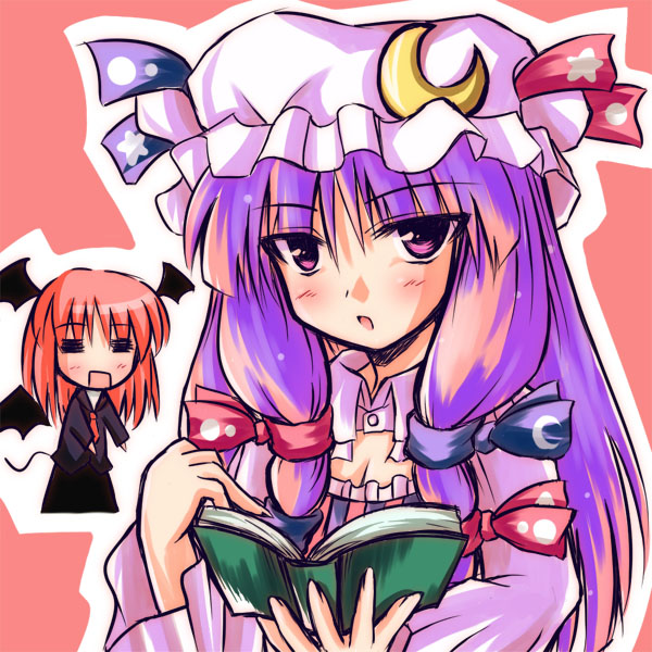 tokiniwa, koakuma, patchouli knowledge, embodiment of scarlet devil, touhou, striped, 2girls, bat wings, blue ribbon, blush, book, bow, crescent, crescent hair ornament, female focus, hair ornament, hat, head wings, long hair, looking at viewer, mob cap, multiple girls, open book, pink bow, purple eyes, purple hair, reading, red hair, red ribbon, ribbon, simple background, vertical stripes, wings