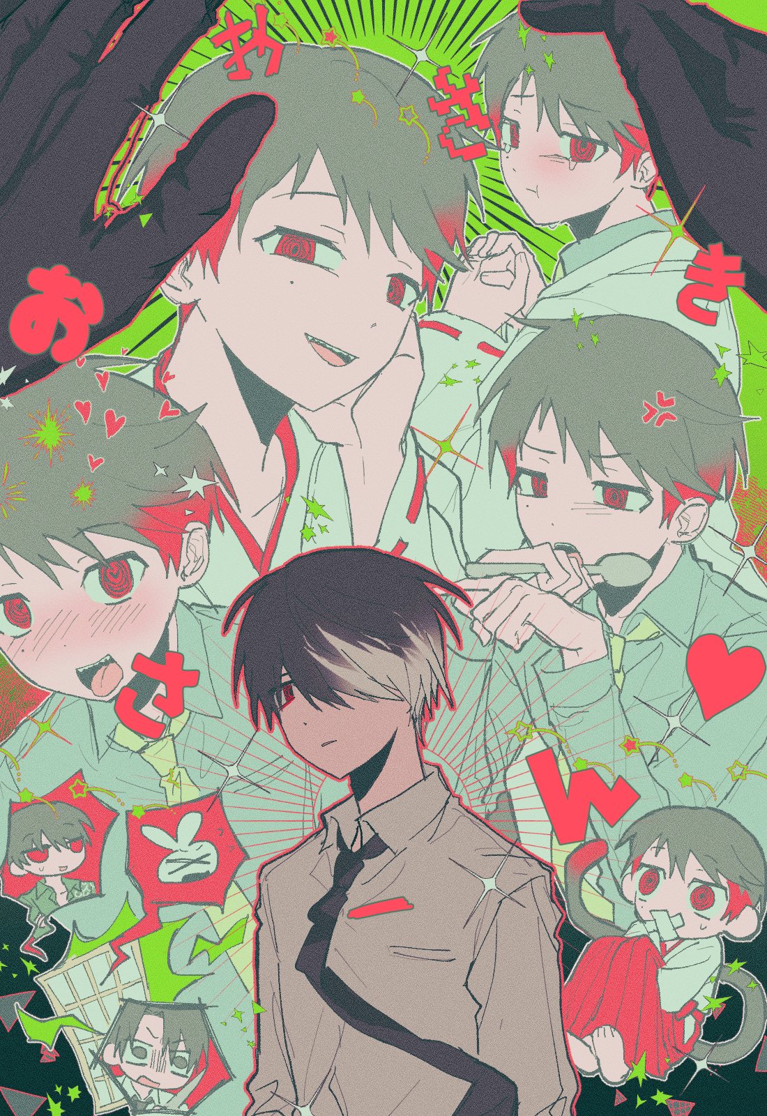 oosaki (ooe), ooe (game), highres, 4boys, @ @, anger vein, black hair, black necktie, blush, breast pocket, chibi, closed mouth, collared shirt, daiba shizuma, green background, grey hair, hair over one eye, hakama, heart, japanese clothes, kimono, long sleeves, looking at viewer, male focus, miko, mole, mole under eye, multicolored hair, multiple boys, multiple views, necktie, open mouth, pocket, rabbit, red eyes, red hakama, red skirt, sharp teeth, shinagawa zakuro, shiodome (ooe), shirt, short hair, skirt, smile, sparkle, teeth, tongue, tongue out, twintails, two-tone hair, white hair, white shirt, woisidkffloekxx