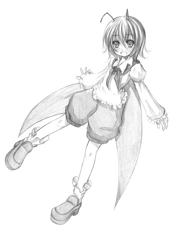 kurona, wriggle nightbug, touhou, 1girl, antennae, female focus, full body, greyscale, monochrome, sketch, solo, white background