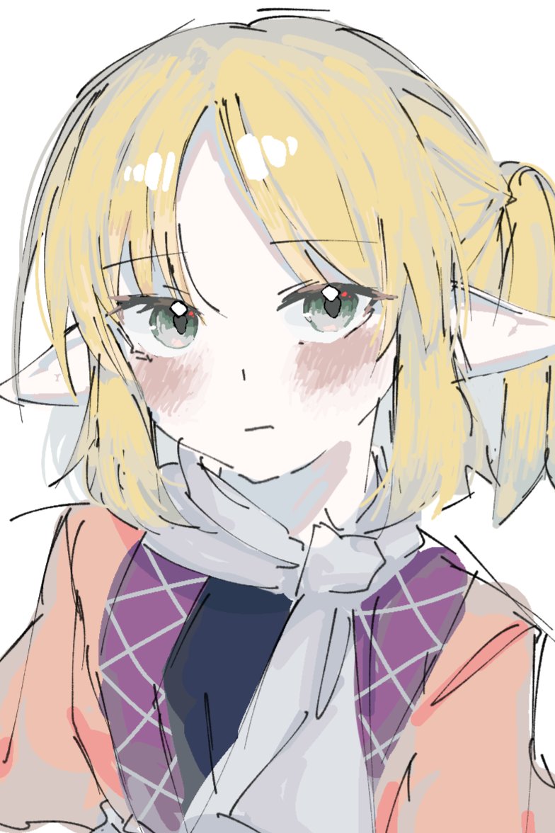 mizuhashi parsee, touhou, commentary, 1girl, annnu, black shirt, blonde hair, blush, brown shirt, closed mouth, expressionless, green eyes, looking at viewer, pointy ears, ponytail, scarf, shirt, short hair, short ponytail, short sleeves, sidelocks, simple background, solo, undershirt, upper body, white background, white scarf