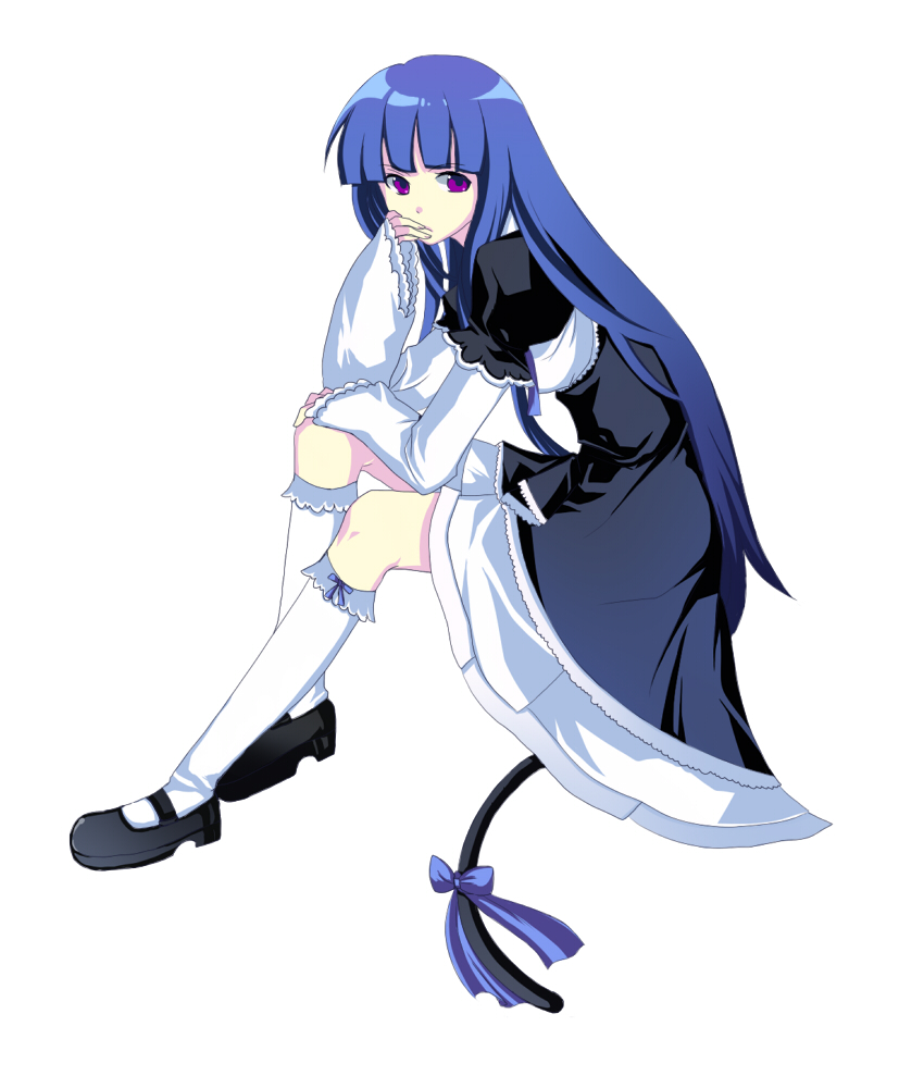 harano, frederica bernkastel, umineko no naku koro ni, bad id, bad pixiv id, 00s, 1girl, blue hair, cat tail, dress, female focus, frills, long hair, mary janes, purple eyes, ribbon, serious, shoes, solo, tail, thinking, white background