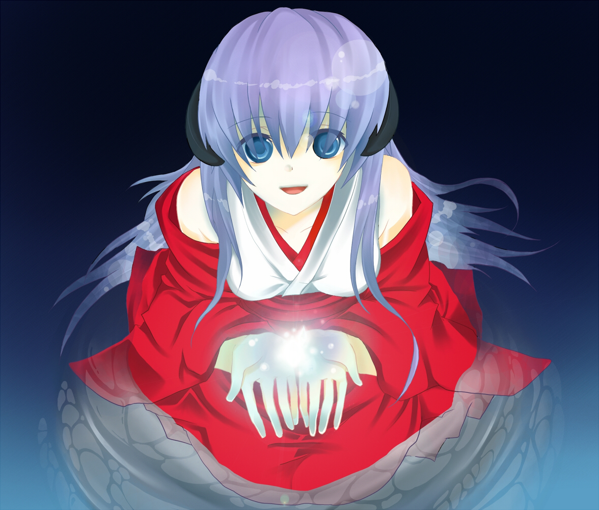 harano, hanyuu, higurashi no naku koro ni, bad id, bad pixiv id, 00s, 1girl, blue eyes, detached sleeves, female focus, hakama, hakama skirt, horns, japanese clothes, kimono, kneeling, long hair, miko, purple eyes, red hakama, skirt, solo, water