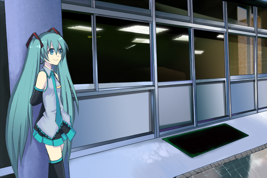 harano, hatsune miku, vocaloid, bad id, bad pixiv id, 1girl, aqua eyes, aqua hair, detached sleeves, female focus, long hair, necktie, solo, thighhighs, twintails, very long hair