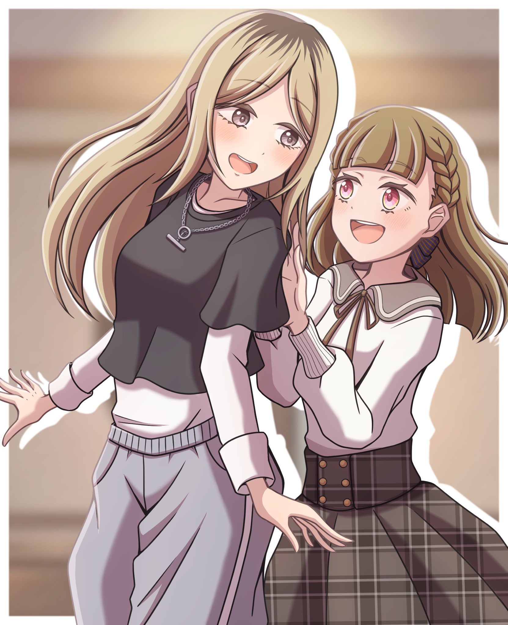 ganbarai, kachimachi kosuzu, kachimachi kosuzu (summer casual), link! like! love live!, love live!, commentary request, highres, 2girls, :d, black bow, black hair, black shirt, blonde hair, bow, braid, brown hair, center-flap bangs, chain, chain necklace, collared shirt, contrast collar, grey eyes, grey pants, grey skirt, hair bow, jewelry, layered shirt, layered sleeves, long hair, long sleeves, multicolored hair, multiple girls, necklace, official alternate costume, oomichi hiromi, open mouth, pants, parted bangs, pink eyes, plaid clothes, plaid skirt, roots (hair), rounded collar, shirt, short over long sleeves, short sleeves, side braids, sidelocks, skirt, smile, teeth, undershirt, upper teeth only, virtual youtuber, white shirt
