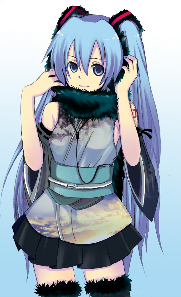 harano, hatsune miku, vocaloid, bad id, bad pixiv id, 1girl, alternate costume, aqua hair, detached sleeves, female focus, long hair, solo, tattoo, thighhighs, twintails