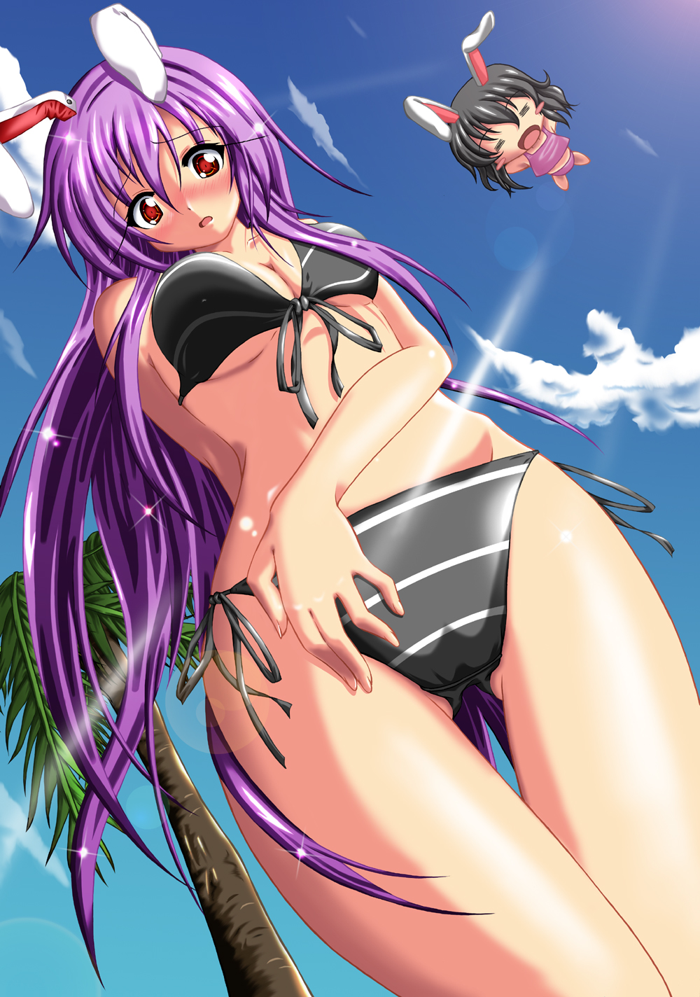 fuyuno taka, inaba tewi, reisen udongein inaba, touhou, bad id, bad pixiv id, highres, 2girls, animal ears, bikini, breasts, day, female focus, gradient background, multiple girls, nature, outdoors, plant, rabbit ears, side-tie bikini bottom, sky, striped bikini, striped clothes, swimsuit