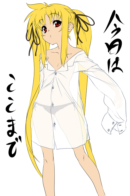 nekomamire, fate testarossa, lyrical nanoha, mahou shoujo lyrical nanoha, 00s, 1girl, black panties, blonde hair, cowboy shot, female focus, flat color, long hair, panties, red eyes, see-through clothes, shirt, solo, standing, twintails, underwear, very long hair, white background