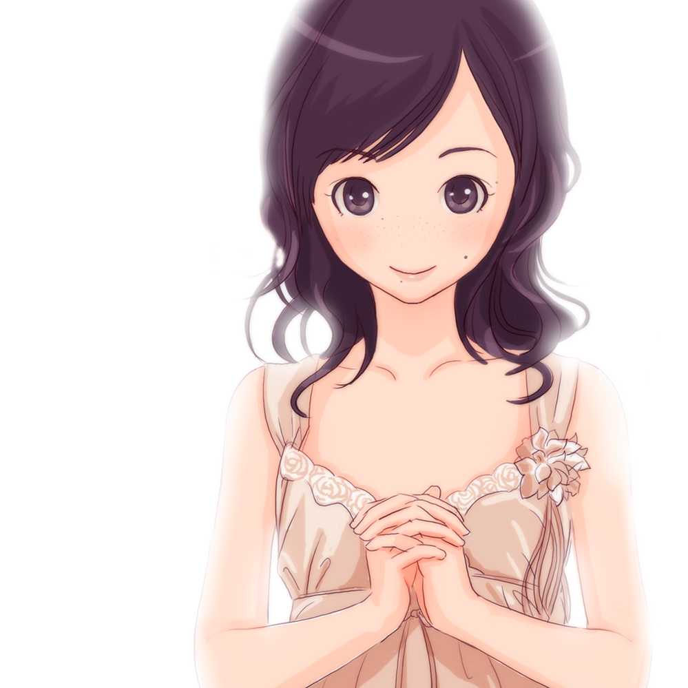kokudou juunigou, original, bad id, bad pixiv id, 1girl, collarbone, female focus, flat chest, freckles, lips, mole, mole under mouth, no nose, own hands clasped, own hands together, purple eyes, purple hair, smile, solo, wavy hair