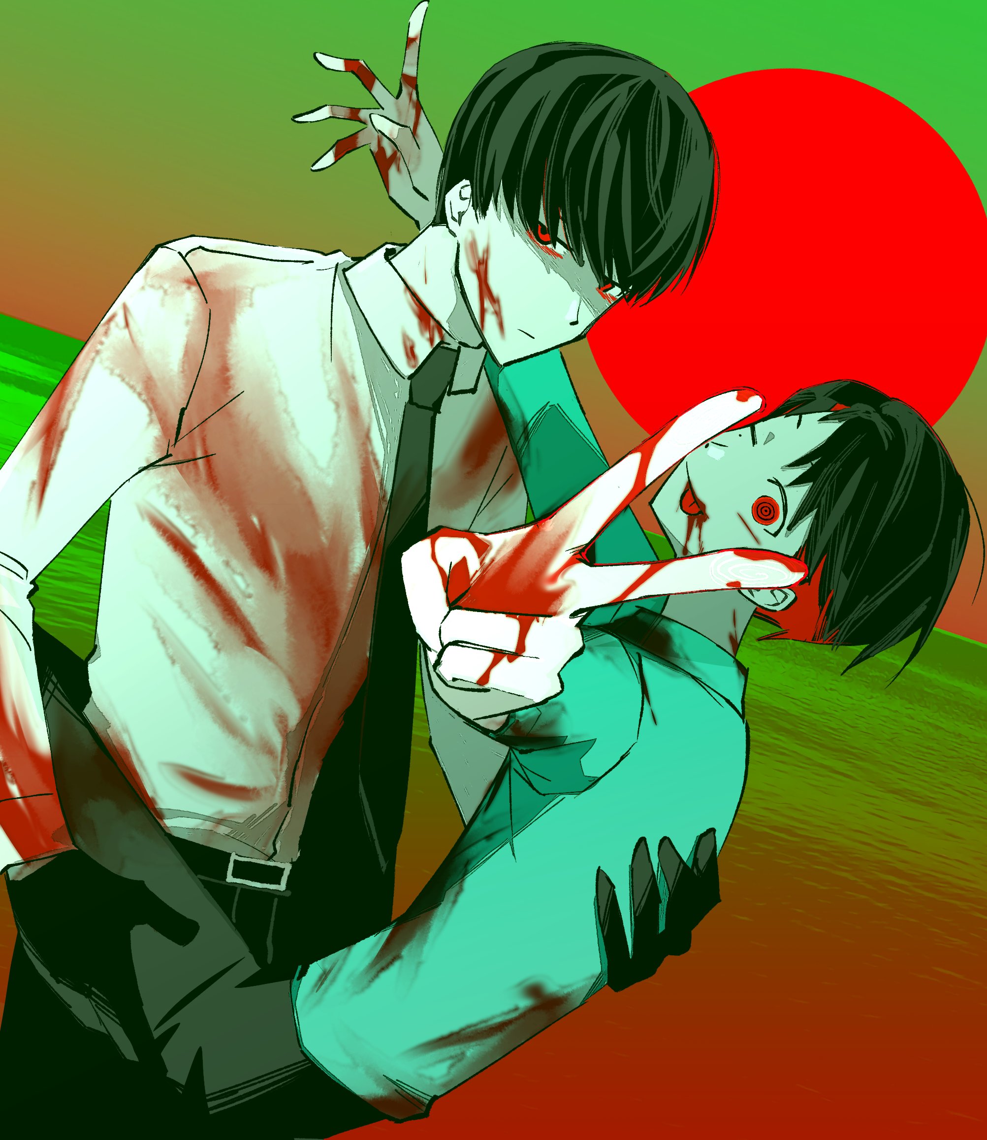 oosaki (ooe), ooe (game), highres, korean commentary, 2boys, black hair, black necktie, black pants, blood, blood on clothes, blood on face, blood on hands, collared shirt, dutch angle, formal clothes, gloves, hand in pocket, looking at viewer, male focus, multiple boys, necktie, one eye closed, pants, red eyes, shiodome (ooe), shirt, short hair, suit, tongue, v, yum deleine
