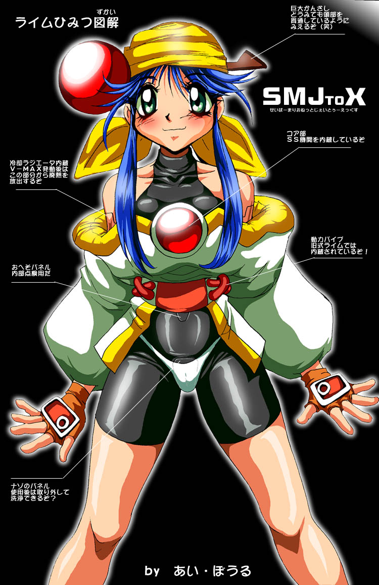 eyeball (artist), lime (saber j), nuri (pangya), saber marionette j, translation request, 1990s (style), blue hair, blush, cameltoe, green eyes, panties, retro artstyle, solo, underwear
