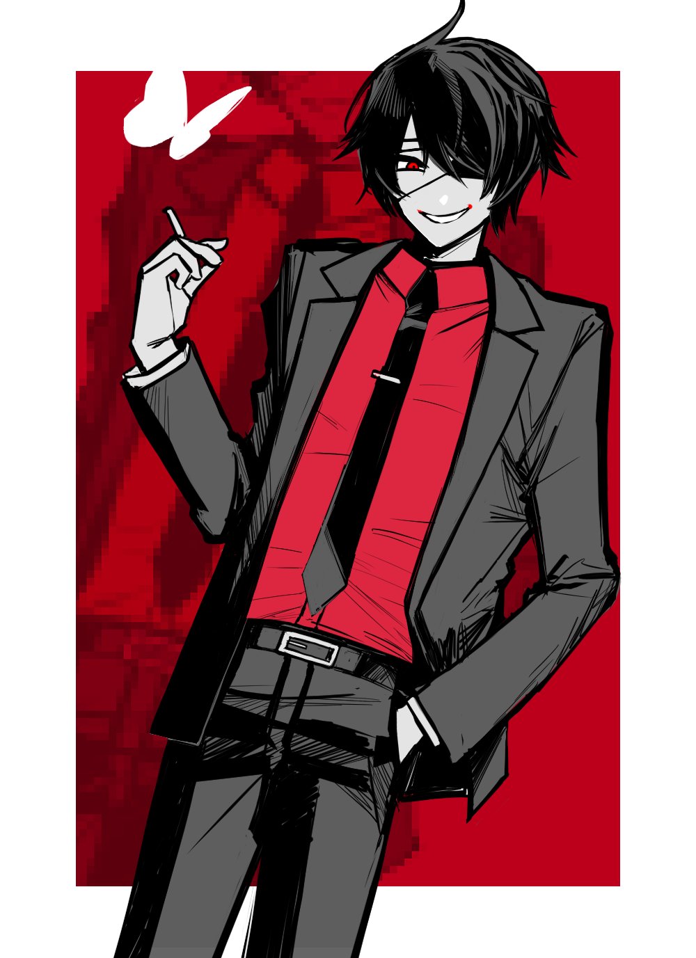 shinbashi (ooe), ooe (game), highres, 1boy, belt, black belt, black hair, black jacket, black necktie, black pants, bug, butterfly, cigarette, collared shirt, cowboy shot, formal clothes, grin, hair over one eye, hand in pocket, holding, holding cigarette, insect, jacket, long sleeves, looking at viewer, male focus, necktie, one eye covered, open clothes, open jacket, outside border, pants, red background, red eyes, red shirt, shirt, short hair, smile, solo, suit, yum deleine