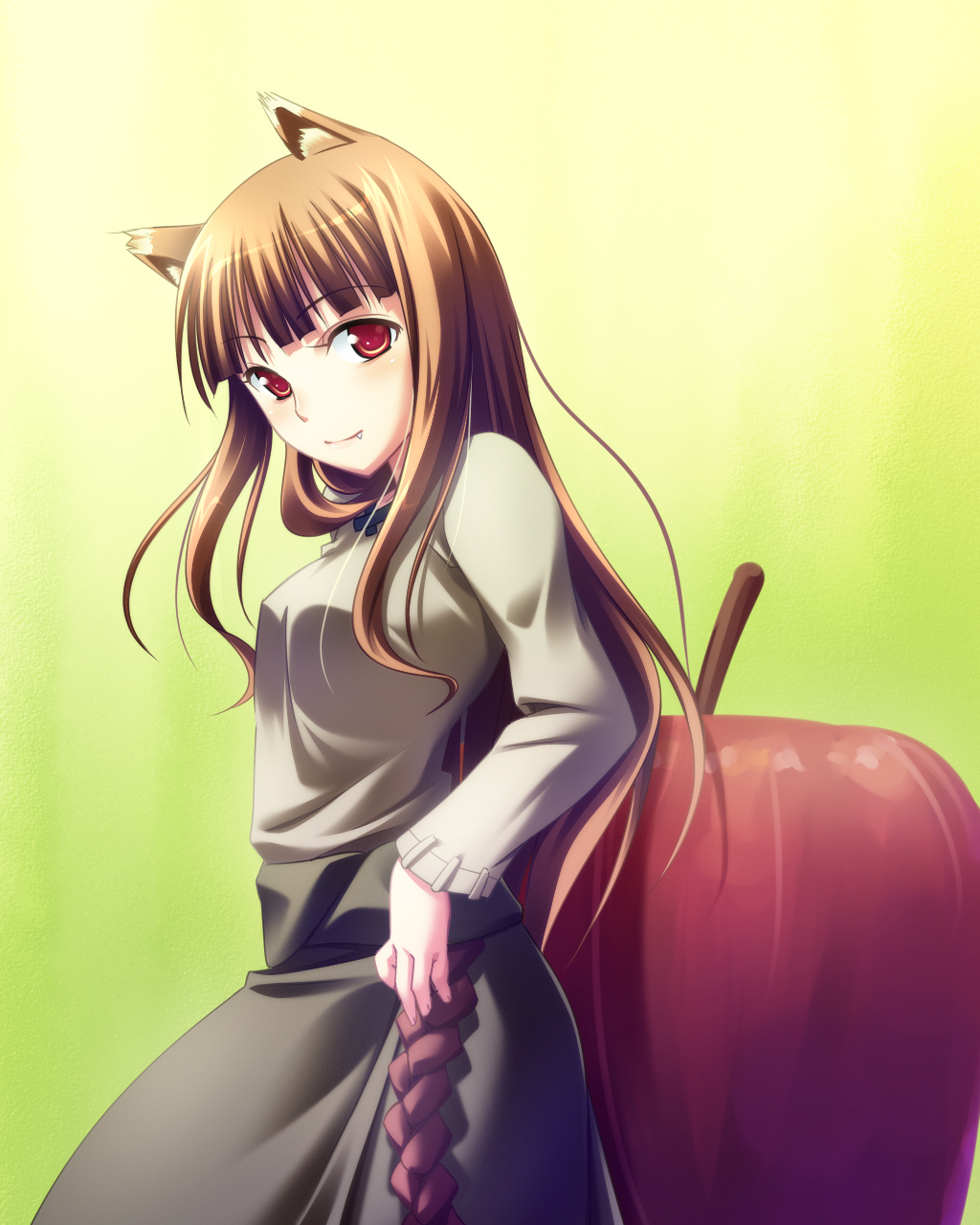 natsukon, holo, spice and wolf, highres, 00s, animal ears, apple, brown hair, fang, food, fruit, long hair, red eyes, solo, wolf ears