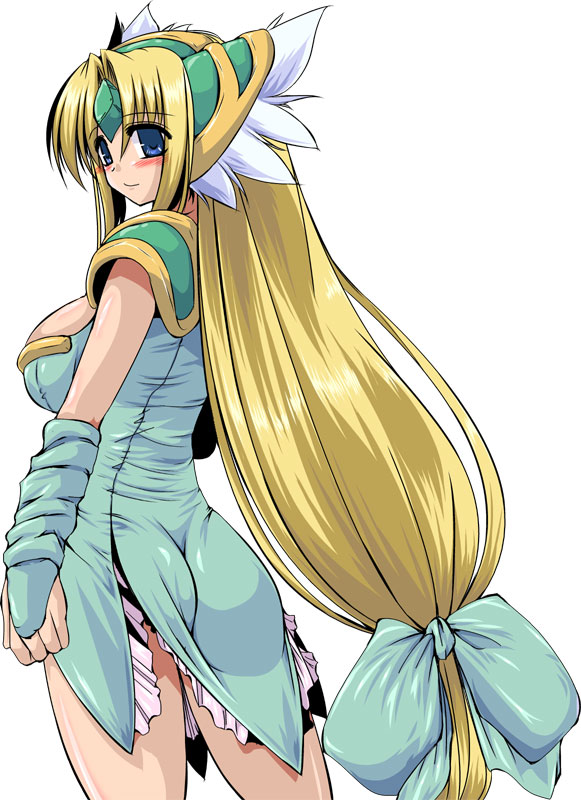 soushin souma, riesz, seiken densetsu, seiken densetsu 3, 1girl, ass, blonde hair, blue eyes, blush, bow, female focus, long hair, low-tied long hair, solo
