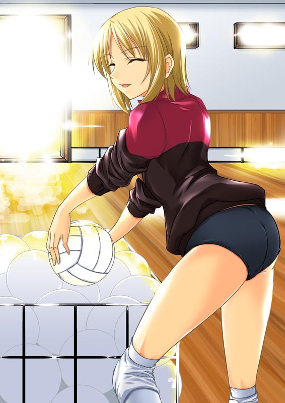 maho (yakimorokoshi), mashuu (masyu), hayami (minami-ke), minami-ke, 00s, blonde hair, buruma, closed eyes, gym uniform, short hair, solo