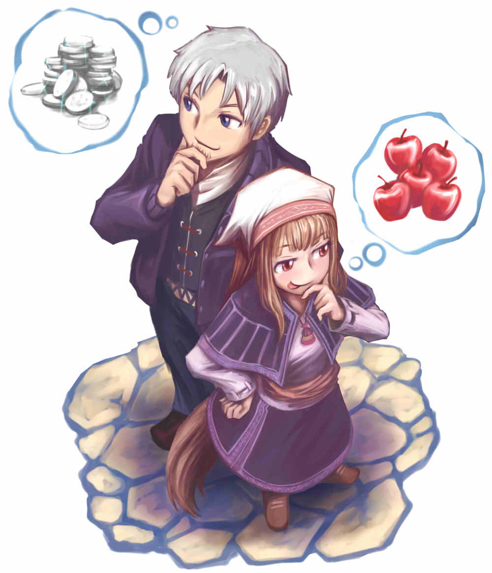 tanigawa hiroshi, craft lawrence, holo, spice and wolf, 00s, 1boy, 1girl, animal ears, apple, blue eyes, brown hair, food, fruit, grey hair, hand on own chin, headscarf, height difference, long hair, red eyes, speech bubble, spoken food, spoken object, tail, thought bubble, white headscarf, wolf ears, wolf tail