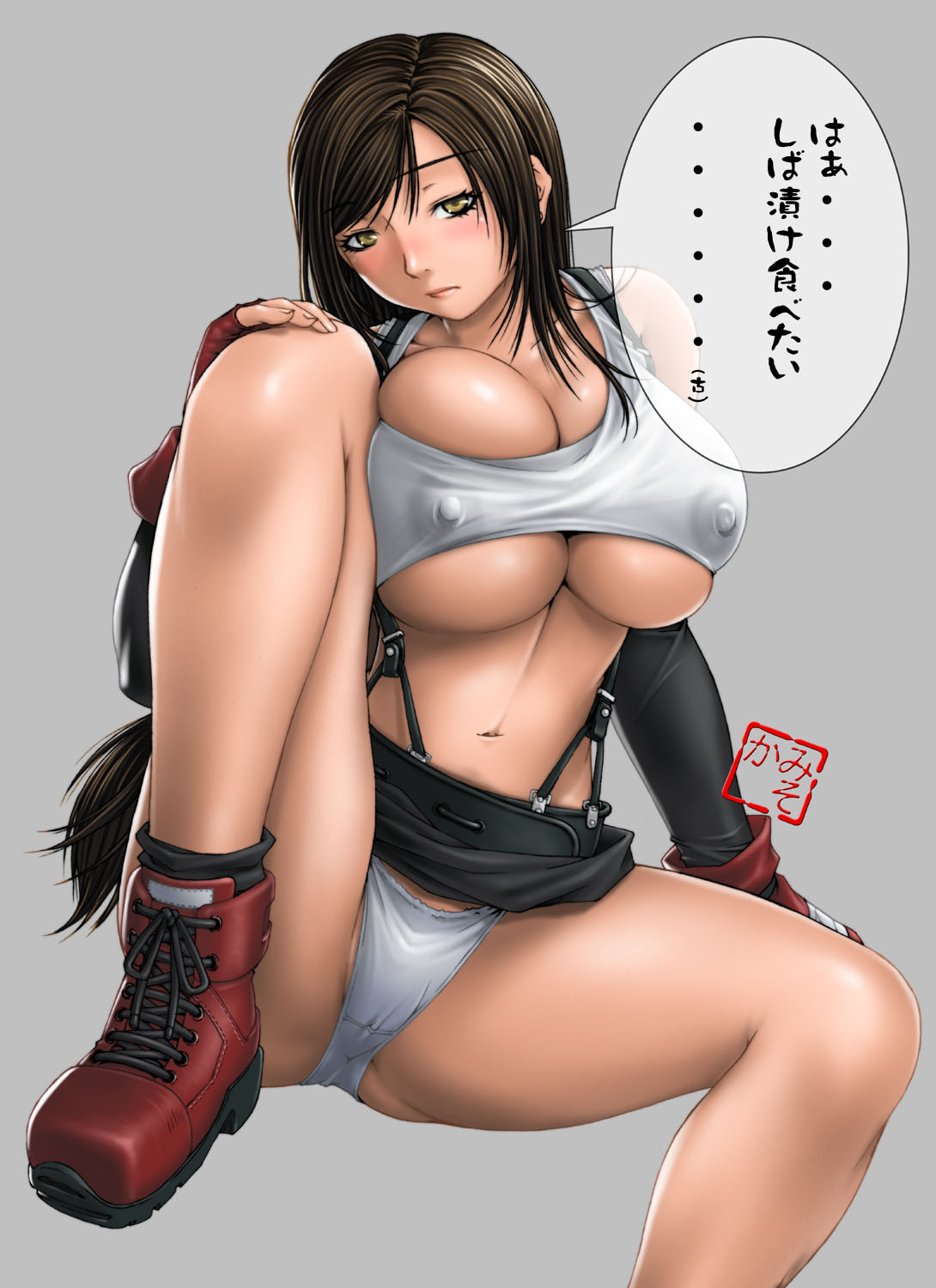 fumizuki misoka, tifa lockhart, final fantasy, final fantasy vii, highres, 1990s (style), 1girl, blush, breasts, breasts squeezed together, brown hair, cleavage, clothes lift, covered erect nipples, female focus, gloves, huge breasts, large breasts, long hair, midriff, miniskirt, nipples, panties, pantyshot, pencil skirt, retro artstyle, skirt, skirt lift, solo, suspender skirt, suspenders, underwear, white panties
