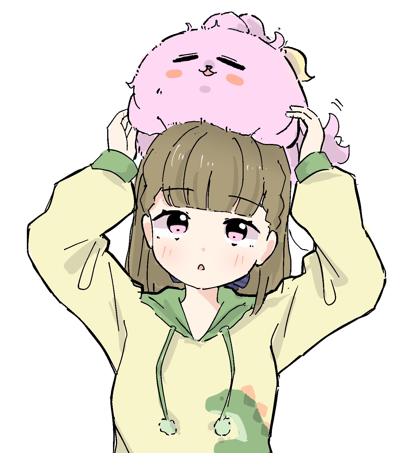 tazaki masanobu, anyoji hime, kachimachi kosuzu, kachimachi kosuzu (summer loungewear), link! like! love live!, love live!, commentary request, highres, 1girl, :3, :d, animal, animal on head, animalization, arms up, black bow, blush, blush stickers, bow, braid, center-flap bangs, closed eyes, d:, fluffy, hair bow, holding above head, hood, hood down, hoodie, long hair, long sleeves, official alternate costume, on head, open mouth, pink eyes, seal (animal), side braids, simple background, smile, virtual youtuber, white background, yellow hoodie