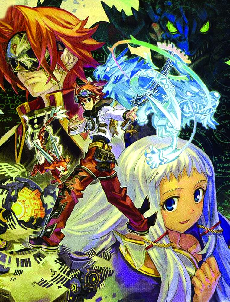 hirowonori, amane kaito, miriam urs, painkiller (dragon shadow spell), suihi (dragon shadow spell), zamkamjin, dragon shadow spell, official art, scan, scan artifacts, 1girl, 2boys, :d, backpack, bag, belt, belt pouch, blush, boots, crop top, cross, dragon, fighting stance, glowing, goggles, goggles on head, green eyes, hair ornament, high collar, holding, horns, iron cross, long hair, looking at viewer, looking back, magic, mask, multiple boys, open mouth, pants, pouch, profile, red hair, short hair, sidelocks, smile, spiked hair, spread legs, sword, thick eyebrows, weapon, white hair
