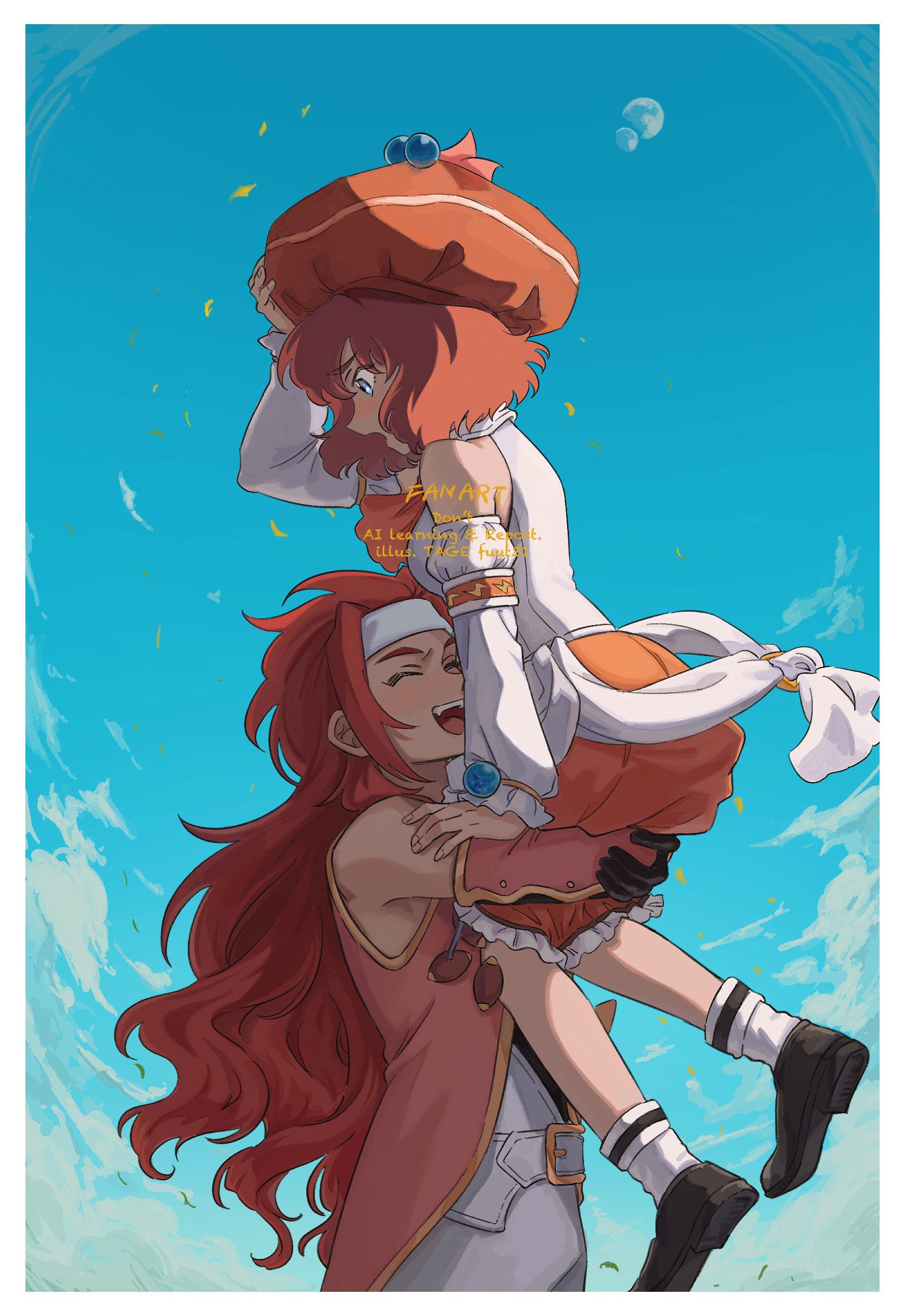 tage (fuut31), seles wilder, zelos wilder, tales of (series), tales of symphonia, highres, black shirt, blue eyes, blue sky, blush, chest jewel, closed eyes, cloud, cloudy sky, detached sleeves, elbow gloves, gloves, gold trim, hat, headband, high heels, lifting person, medium hair, orange hat, orange skirt, pants, pink gloves, pink vest, pumps, red hair, shirt, skirt, sky, sleeveless, sleeveless shirt, sleeveless vest, smile, v-neck, vest, white headband, white pants, white shirt