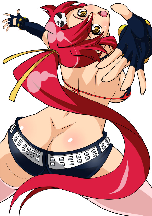 tonbo, yoko littner, tengen toppa gurren lagann, 00s, 1girl, ass, bikini, bikini top only, blush, breasts, butt crack, elbow gloves, female focus, gloves, large breasts, long hair, ponytail, red hair, sideboob, solo, swimsuit, thighhighs, yellow eyes