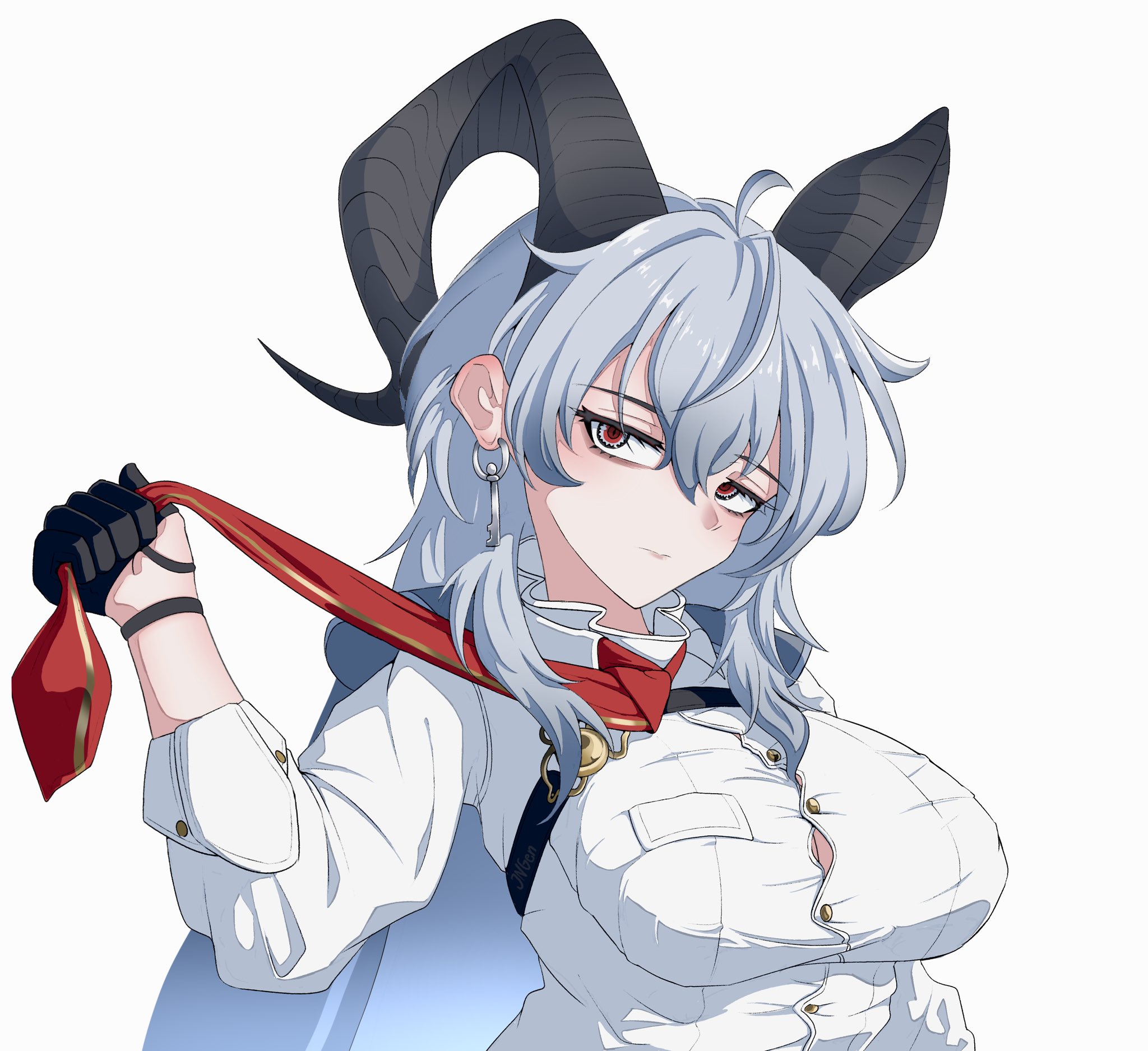 jngen97, zani (wuthering waves), wuthering waves, commentary, english commentary, highres, 1girl, adjusting clothes, adjusting necktie, ahoge, black gloves, black horns, breasts, button gap, chest harness, closed mouth, collared shirt, curled horns, earrings, gloves, grey background, grey hair, hair between eyes, half gloves, harness, horns, jewelry, key earrings, large breasts, long hair, necktie, red eyes, red necktie, shirt, simple background, solo, upper body, white shirt