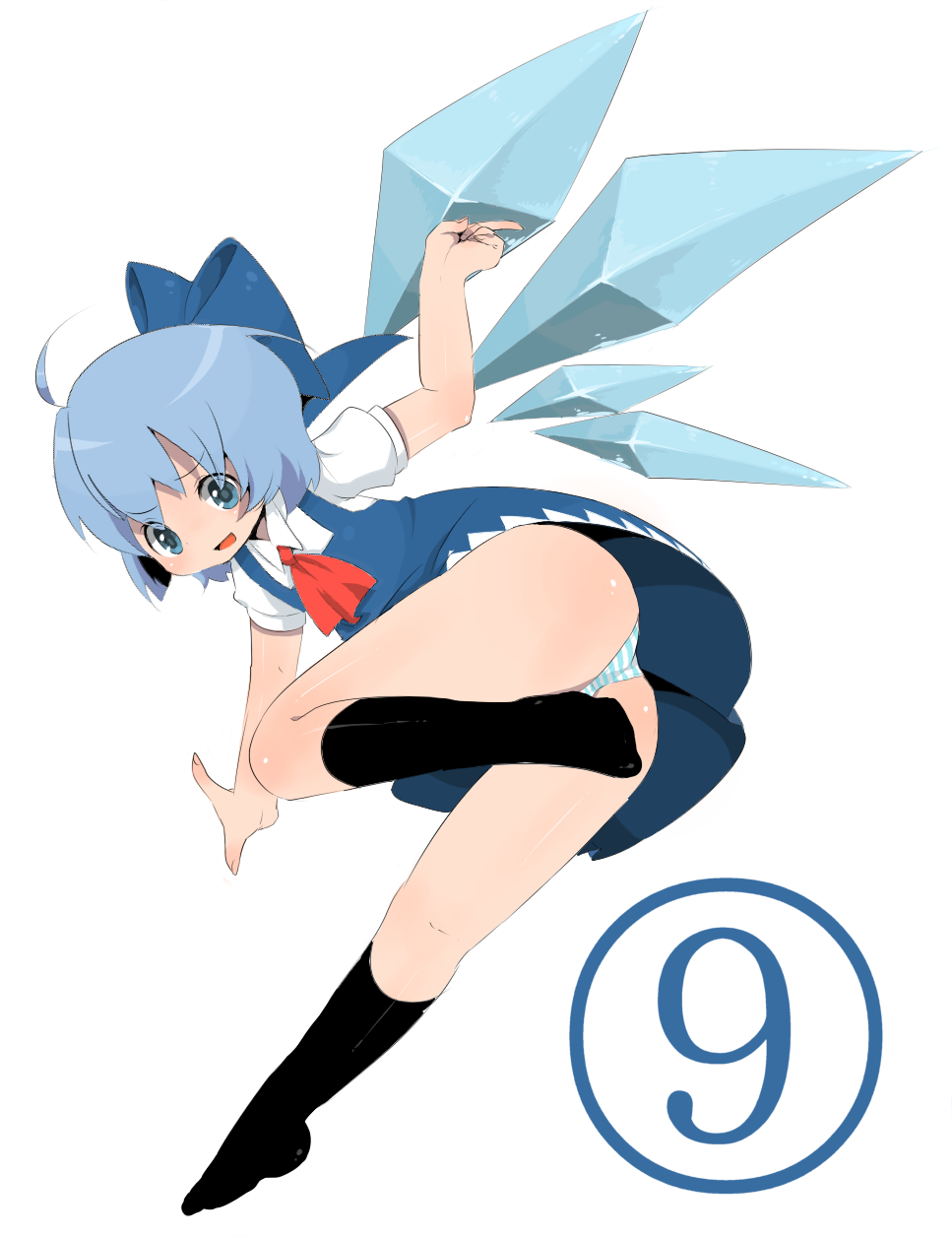 ichihaya, cirno, phantasmagoria of flower view, touhou, highres, 1girl, ahoge, ascot, ass, black socks, blouse, blue eyes, blue hair, circled 9, dress, female focus, full body, kneehighs, panties, pinafore dress, red ascot, shirt, simple background, sleeveless, sleeveless dress, socks, solo, striped clothes, striped panties, underwear, white background, white shirt, wings