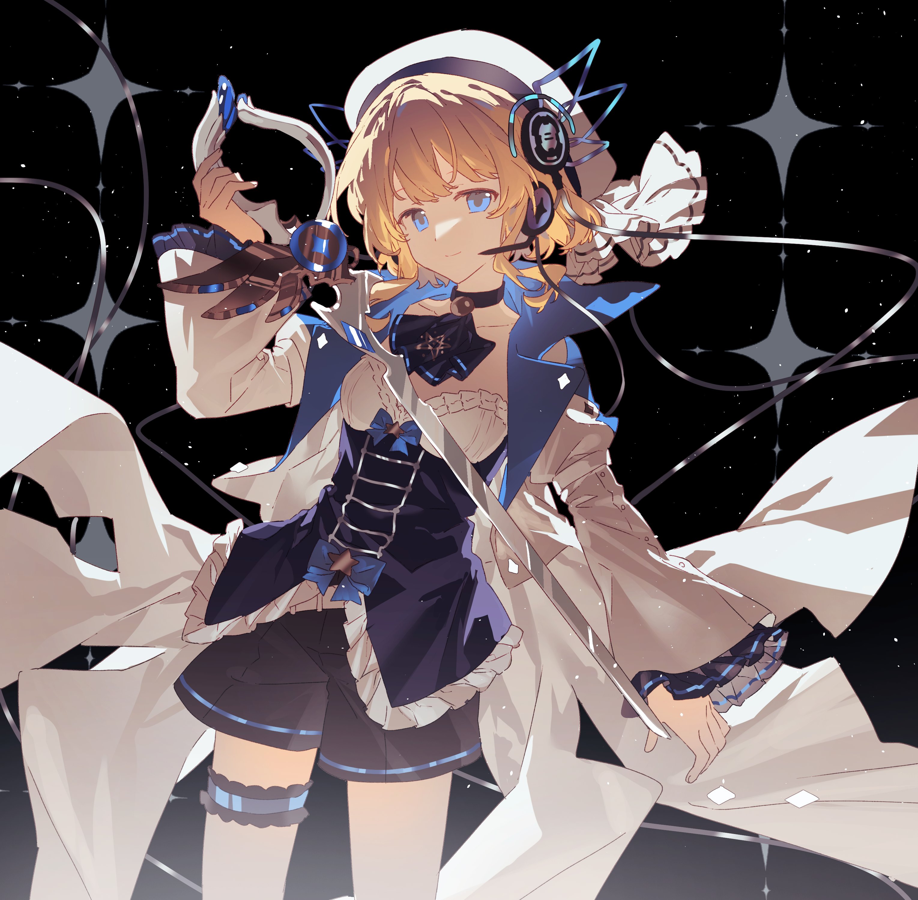 maboroshi (freeze000), eto (arcaea), arcaea, absurdres, highres, 1girl, beret, black boots, black shoes, black shorts, blonde hair, blue bow, blue eyes, blue shirt, boots, bow, buttons, cable, cape, curly hair, facial tattoo, frilled sleeves, frilled thigh strap, frilled thighhighs, frills, hat, holding, holding weapon, large buttons, layered skirt, leg ribbon, long sleeves, miniskirt, pleated skirt, ribbon, scissors, shirt, shoes, short hair, shorts, skirt, solo, star (symbol), star tattoo, straight hair, tattoo, thigh strap, thighhighs, weapon, white bow, white cape, white hair, white hat, wrist cuffs