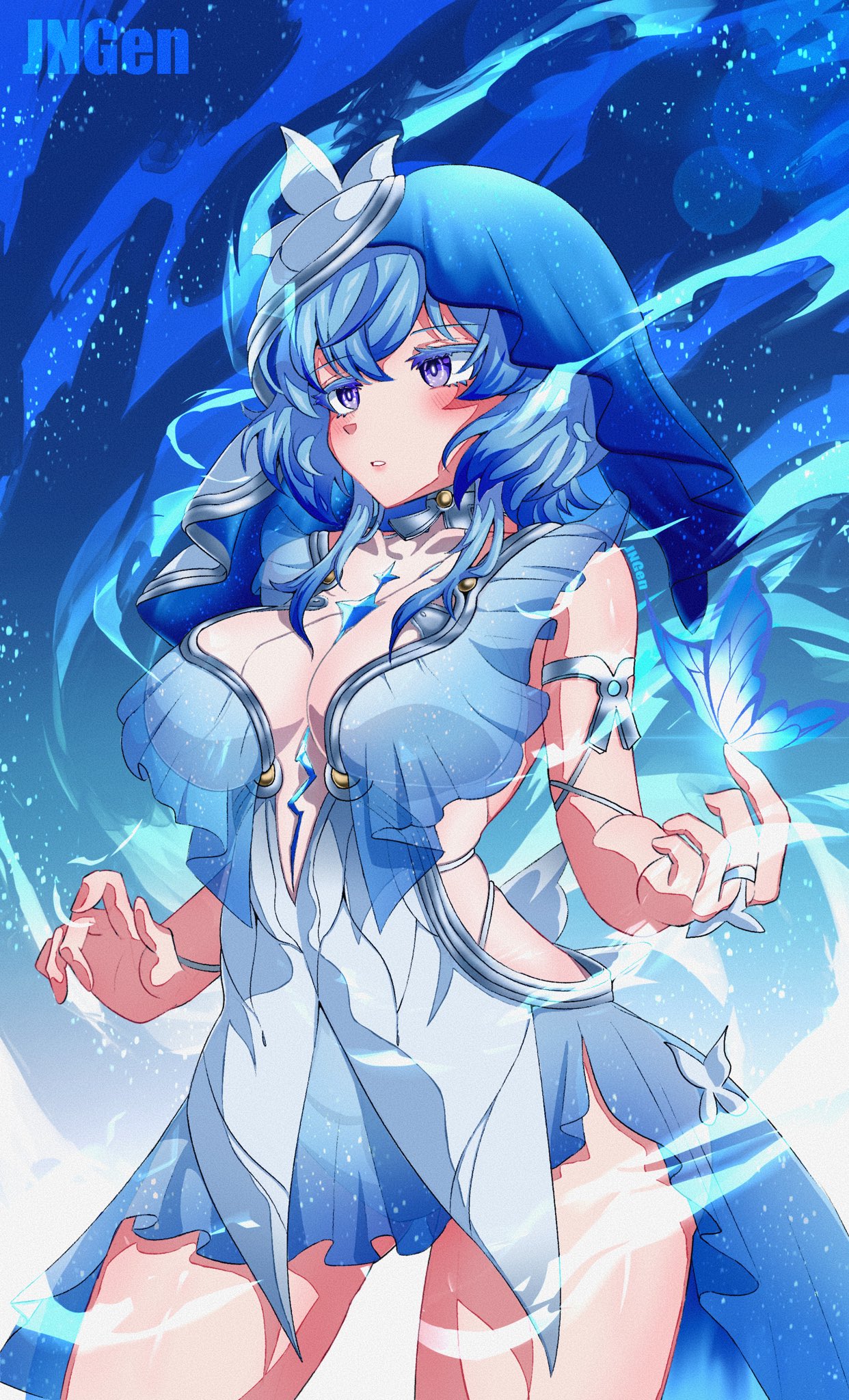 jngen97, shorekeeper (wuthering waves), wuthering waves, commentary, highres, 1girl, armlet, artist name, blue butterfly, blue dress, blue hair, blue veil, blush, breasts, bug, butterfly, butterfly on hand, colored eyelashes, dress, insect, jewelry, large breasts, long hair, looking ahead, parted lips, purple eyes, solo, thighs, two-tone veil, veil, white veil