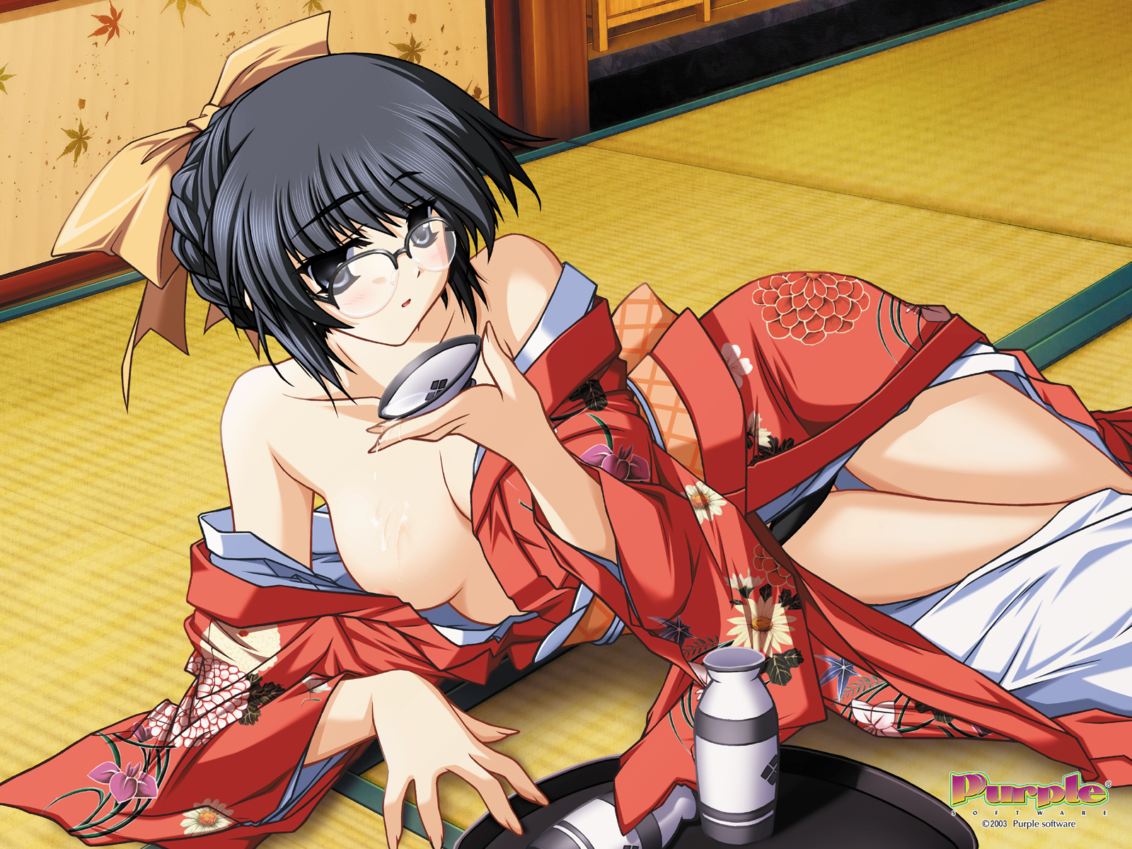 tsukimori hiro, hiiragi nagisa, natsuiro komachi, purple software, highres, official art, official wallpaper, 00s, 1girl, 2003, alcohol, black eyes, black hair, blush, bottle, bow, braid, breasts, cup, female focus, flower, glasses, hair bow, hip focus, japanese clothes, kimono, leaf, lying, medium breasts, off shoulder, on side, open clothes, open kimono, panties, sakazuki, sake, solo, spill, tatami, thigh gap, thighs, tokkuri, tray, underwear