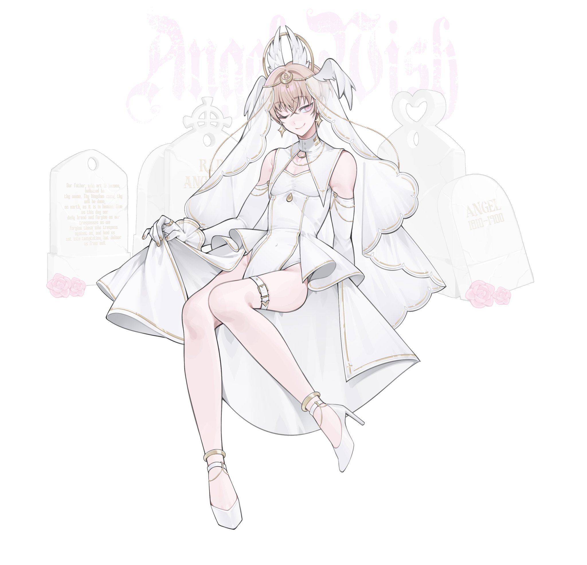 vorqcity, original, commentary, english commentary, highres, 1boy, bare shoulders, belt, belt buckle, blonde hair, buckle, closed mouth, clothes lift, crossdressing, crossdressing (mtf), crossed bangs, dress, dress lift, earrings, feathered wings, full body, gloves, hair between eyes, head wings, high heels, jewelry, legs, looking at viewer, male focus, one eye closed, pink eyes, shoes, short hair, smile, solo, thigh belt, thigh strap, veil, white background, white belt, white dress, white gloves, white shoes, white veil, wings