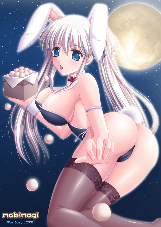 kafu (logaemon), nao (mabinogi), mabinogi, 1girl, animal ears, ass, blue eyes, breasts, cleavage, fake animal ears, female focus, large breasts, leotard, playboy bunny, rabbit ears, solo, thighhighs, twintails