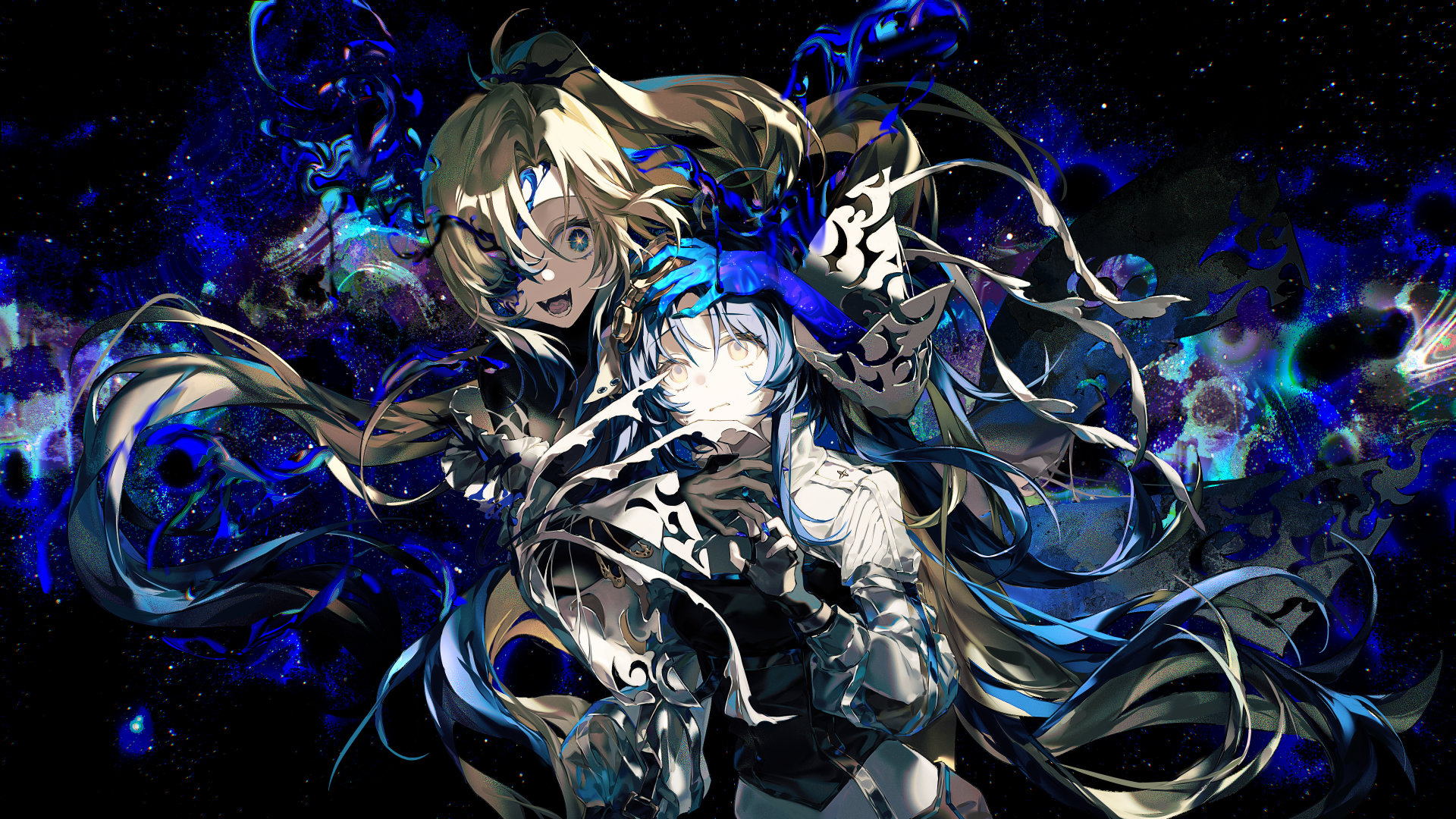 arcaea, artist request, highres, non-web source, 2girls, black bodysuit, black gloves, blonde hair, blue eyes, bodystocking, bodysuit, breasts, corruption, crazy smile, curtained hair, fangs, gloves, green hair, hair over one eye, high ponytail, jacket, jewelry, medium breasts, medium hair, multiple girls, multiple rings, nonoka (awakended) (arcaea), one eye covered, ponytail, possessed, ring, smile, star-shaped pupils, star (symbol), symbol-shaped pupils, white jacket, white sleeves