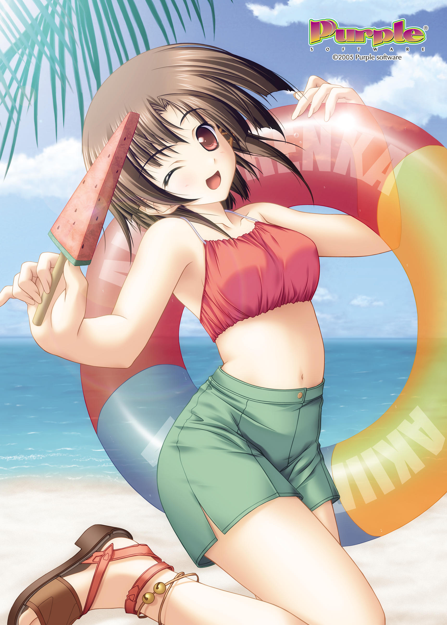 tsukimori hiro, niiyama aoi, akiiro renka, purple software, absurdres, highres, official art, 00s, 1girl, 2005, anklet, beach, bell, brown hair, brown sandals, cloud, day, female focus, food, fruit, halterneck, holding, holding swim ring, innertube, jewelry, jingle bell, kneeling, navel, ocean, one eye closed, outdoors, palm tree, popsicle, red eyes, sandals, short hair, shorts, sky, smile, solo, swim ring, swimsuit, tree, water, watermelon, watermelon bar, wink