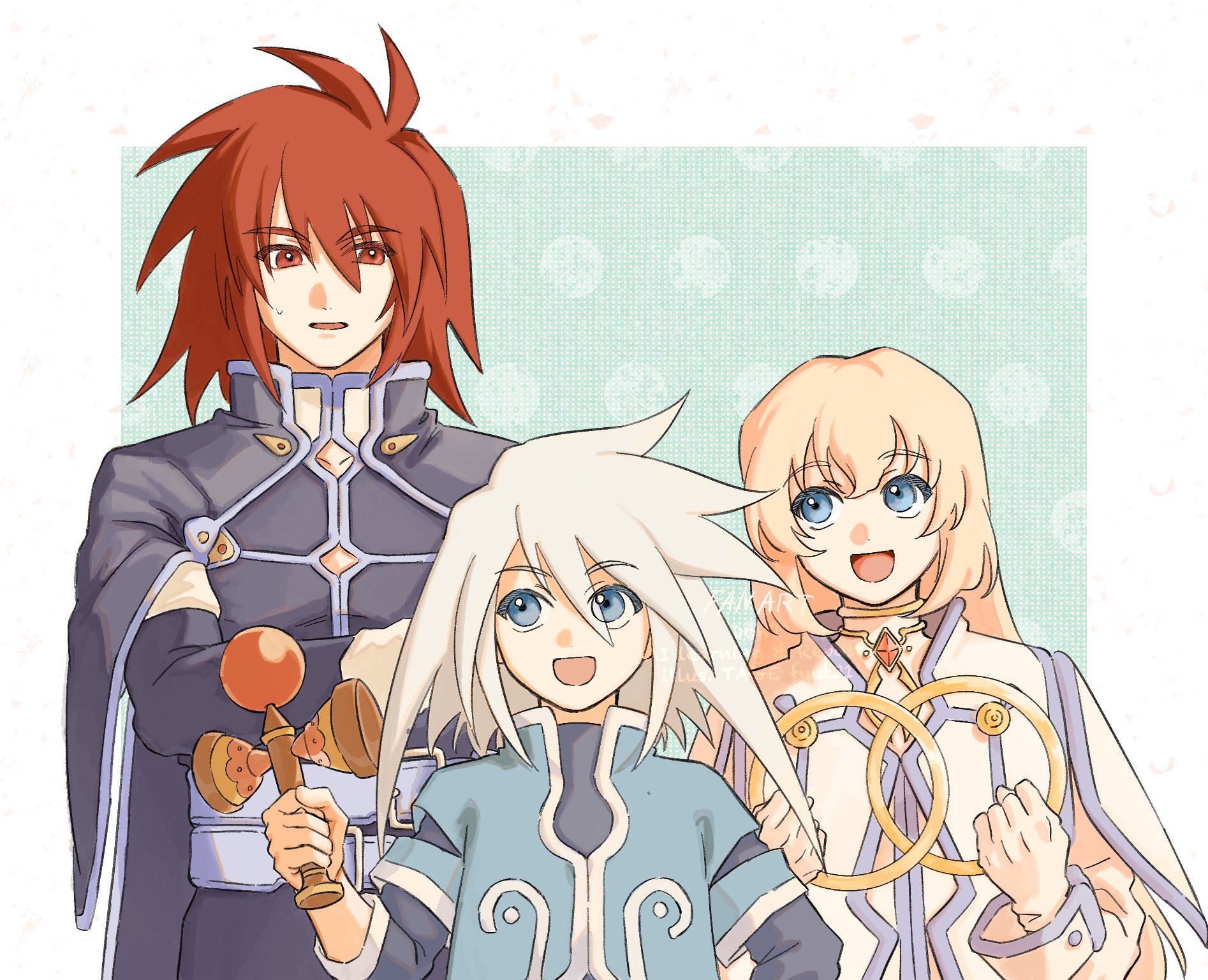 tage (fuut31), colette brunel, genius sage, kratos aurion, tales of (series), tales of symphonia, highres, belt, black shirt, blonde hair, blue eyes, blue jacket, blue trim, border, cape, chakram, chest jewel, collared cape, cropped jacket, crossed arms, dress, elbow gloves, gloves, gold choker, hair between eyes, holding, holding weapon, jacket, kendama, leggings, long bangs, long hair, looking at another, medium hair, multiple belts, open mouth, polka dot, purple belt, purple cape, purple leggings, purple shirt, red eyes, red hair, shirt, sidelocks, sleeveless, sleeveless shirt, smile, sweatdrop, undershirt, weapon, white border, white dress, white hair, white jacket