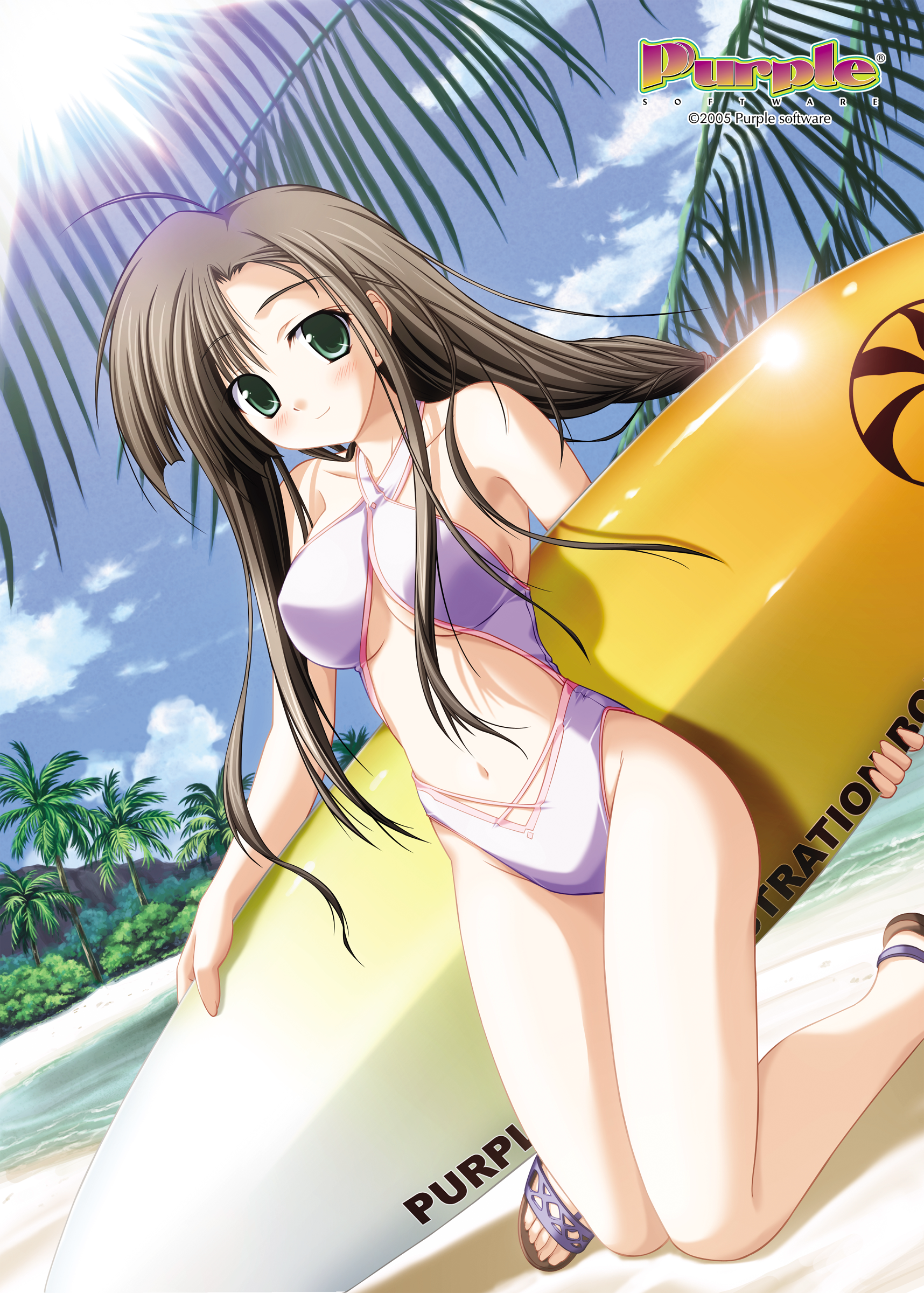 sagawa eriko, akiiro renka, purple software, absurdres, highres, official art, 00s, 1girl, 2005, ahoge, beach, black hair, blush, breasts, brown hair, casual one-piece swimsuit, day, dutch angle, english text, female focus, forest, green eyes, halterneck, holding, holding behind back, kneeling, large breasts, lens flare, long hair, mountain, nature, navel, one-piece swimsuit, outdoors, palm tree, sandals, smile, solo, sun, surfboard, swimsuit, tree, water