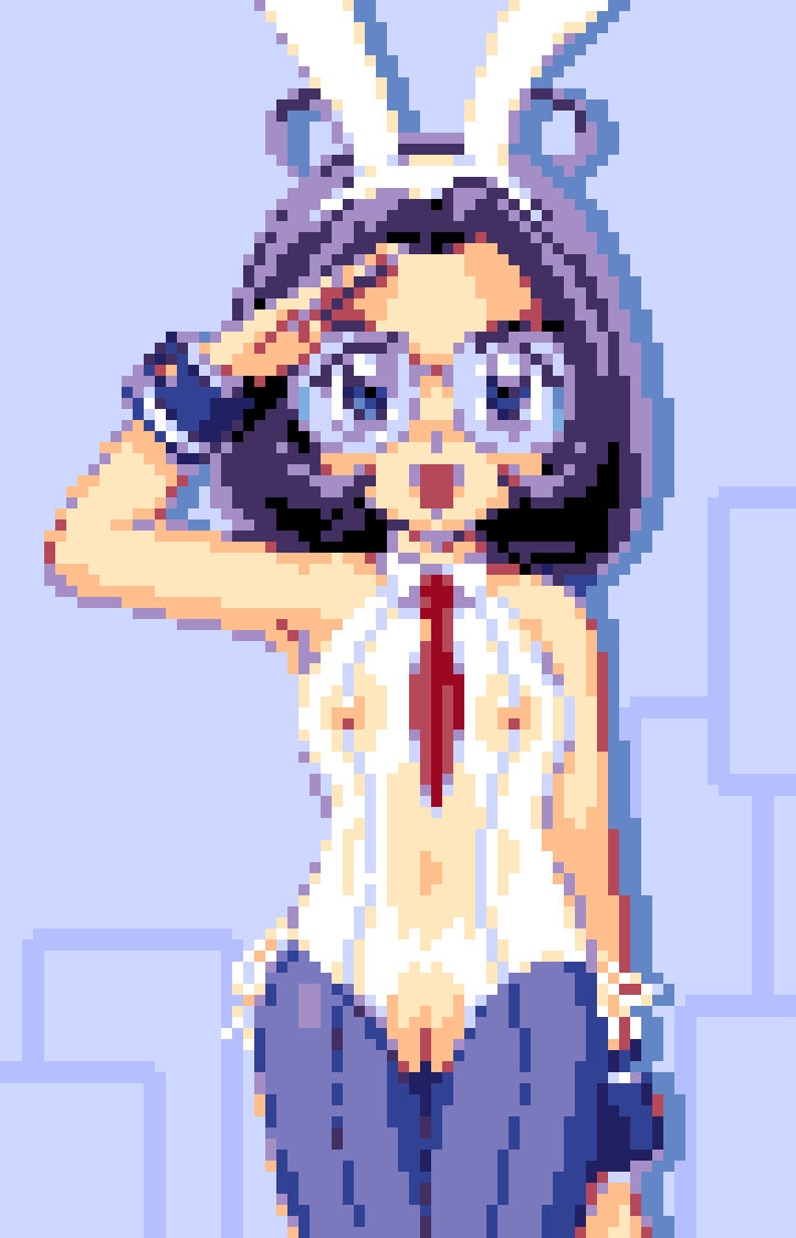 saiwai hiroshi, tomomi attenborough, toy robo force, 1girl, animal ears, antenna hair, blue eyes, blush, breasts, bunny day, fake animal ears, former non-bunny day, glasses, leotard, looking at viewer, navel, necktie, nipples, nude, open mouth, pantyhose, pixel art, playboy bunny, purple background, purple hair, purple pantyhose, rabbit ears, red necktie, salute, see-through clothes, see-through leotard, short hair, small breasts, smile, standing, white leotard, wrist cuffs