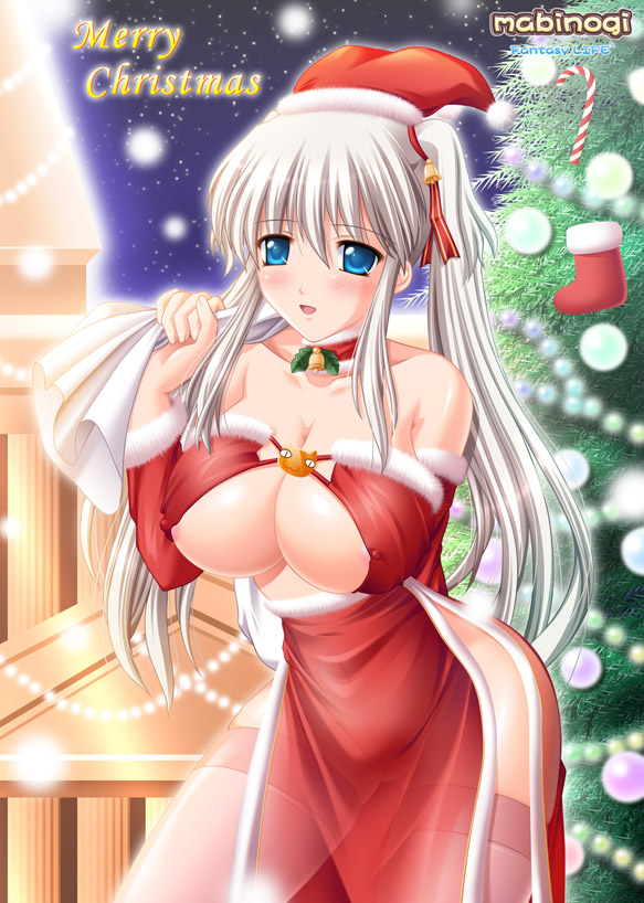 kafu (logaemon), nao (mabinogi), mabinogi, 1girl, blue eyes, breasts, christmas, christmas tree, cleavage, female focus, hat, large breasts, nipple slip, nipples, santa costume, santa hat, solo, thighhighs