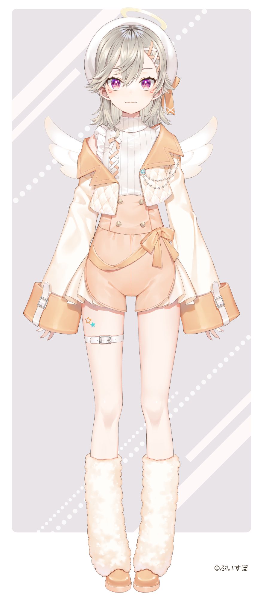 yoshida on, yuuki hagure, komori met, vspo!, commentary request, highres, official art, 1girl, :3, angel wings, belt, beret, brown jacket, brown shoes, brown shorts, copyright notice, cropped jacket, facial mark, full body, fur leg warmers, grey hair, halo, hat, high-waist shorts, jacket, komori met (7th costume), leg warmers, long hair, looking at viewer, mini wings, official alternate costume, purple eyes, quilted jacket, ribbed sweater, shoes, short shorts, shorts, single off shoulder, sleeve cuffs, solo, sweater, thigh belt, thigh strap, triangle, triangle facial mark, turtleneck, turtleneck sweater, virtual youtuber, white hat, white jacket, white sweater, white wings, wings