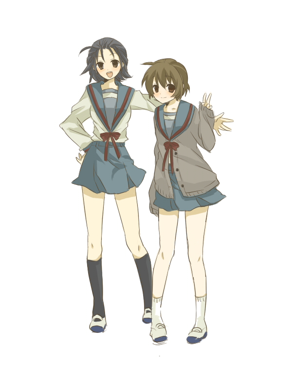 beniko, kunikida (female) (suzumiya haruhi), kunikida (suzumiya haruhi), taniguchi (female) (suzumiya haruhi), taniguchi (suzumiya haruhi), suzumiya haruhi no yuuutsu, suzumiya haruhiko no yuuutsu, bad id, bad pixiv id, 00s, 2girls, cardigan, genderswap, genderswap (mtf), kneehighs, multiple girls, school uniform, serafuku, socks