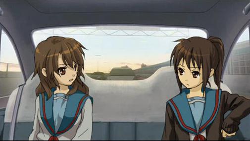 koizumi itsuki, koizumi itsuki (female), kyon, kyonko, suzumiya haruhi no yuuutsu, anime screenshot, non-web source, 00s, 2girls, car, car interior, genderswap, genderswap (mtf), motor vehicle, multiple girls, ponytail, school uniform, serafuku