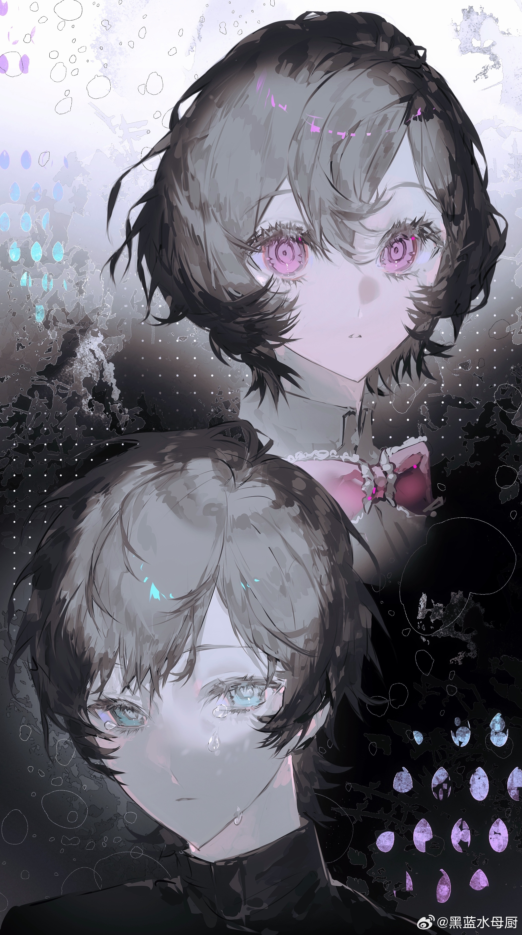 original, absurdres, highres, 1boy, 1girl, black hair, black shirt, blue eyes, bow, bowtie, collared shirt, crying, crying with eyes open, expressionless, gem, grey hair, hair between eyes, heilanshuimuchu, looking at viewer, pink bow, pink bowtie, pink eyes, portrait, shirt, short hair, simple background, tears, turtleneck, upper body, white shirt