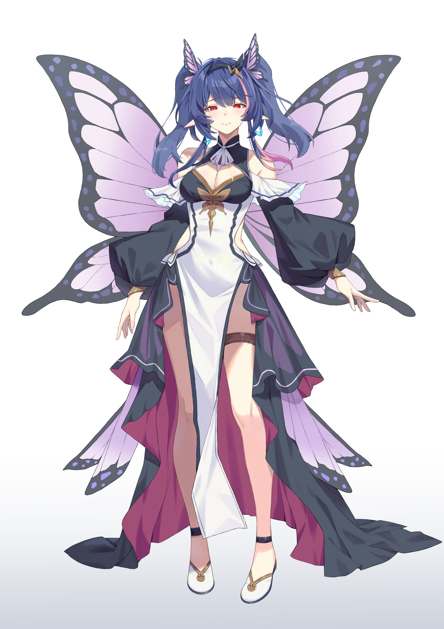 calder (pixiv3698273), epic seven, character request, commentary request, highres, 1girl, bare shoulders, black shoes, blue hair, blush, breasts, butterfly hair ornament, butterfly wings, cleavage, cleavage cutout, closed mouth, clothing cutout, dress, full body, hair ornament, insect wings, large breasts, long sleeves, looking at viewer, pelvic curtain, puffy long sleeves, puffy sleeves, red eyes, shoes, simple background, smile, solo, standing, thigh strap, twintails, white background, white dress, wings