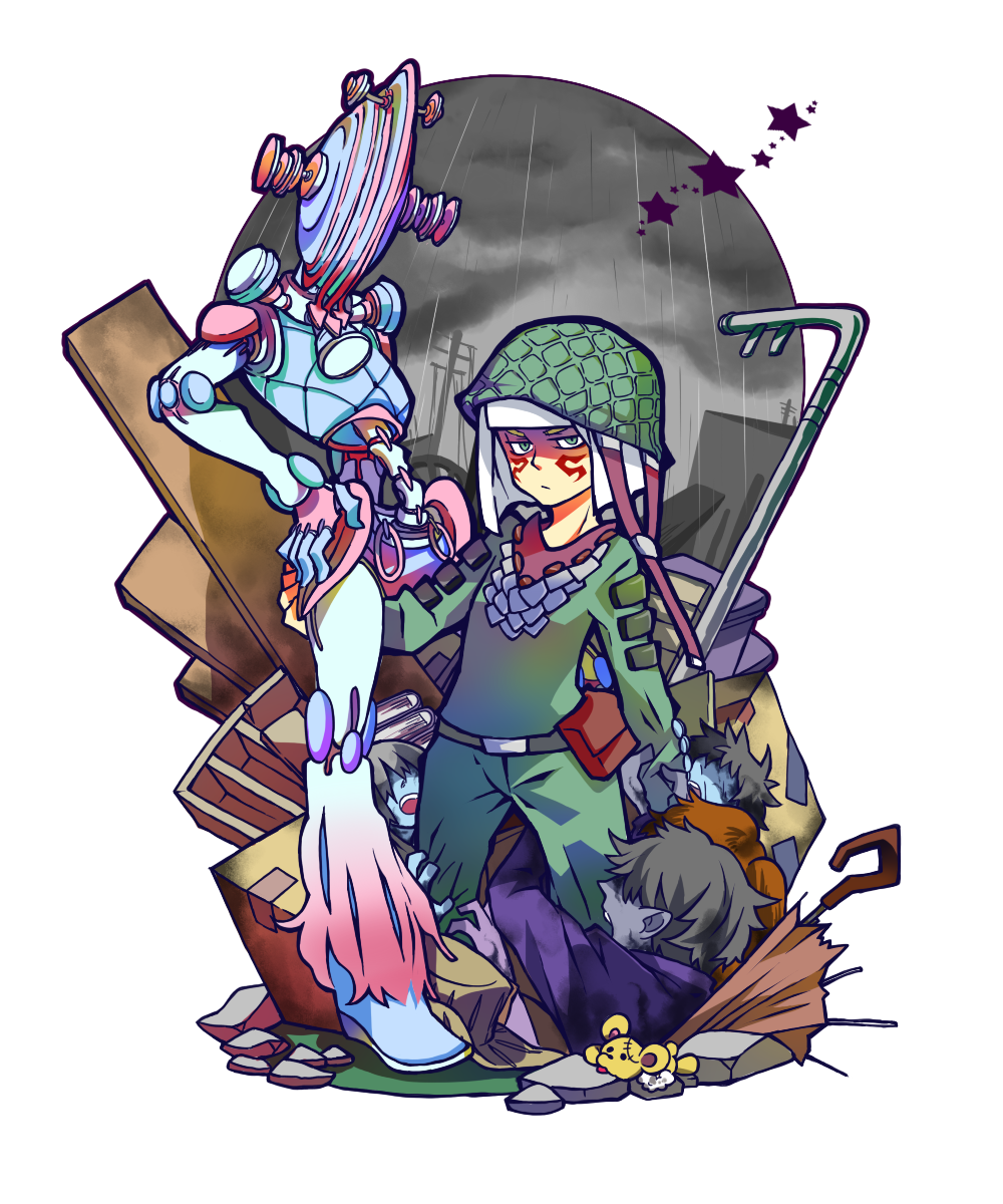 arusakku173, axl ro, civil war (stand), stand (jojo), jojo no kimyou na bouken, steel ball run, commentary request, highres, 1other, 5boys, bag, belt, belt buckle, black hair, box, broom, brown bag, brown hair, buckle, cardboard box, cloud, coat, combat helmet, facial mark, green coat, green eyes, green helmet, grey belt, hand on own hip, helmet, long sleeves, m1 helmet, mullet, multiple boys, rain, raised eyebrows, rubble, ruins, shovel, simple background, star (symbol), stuffed animal, stuffed toy, teddy bear, umbrella, white background